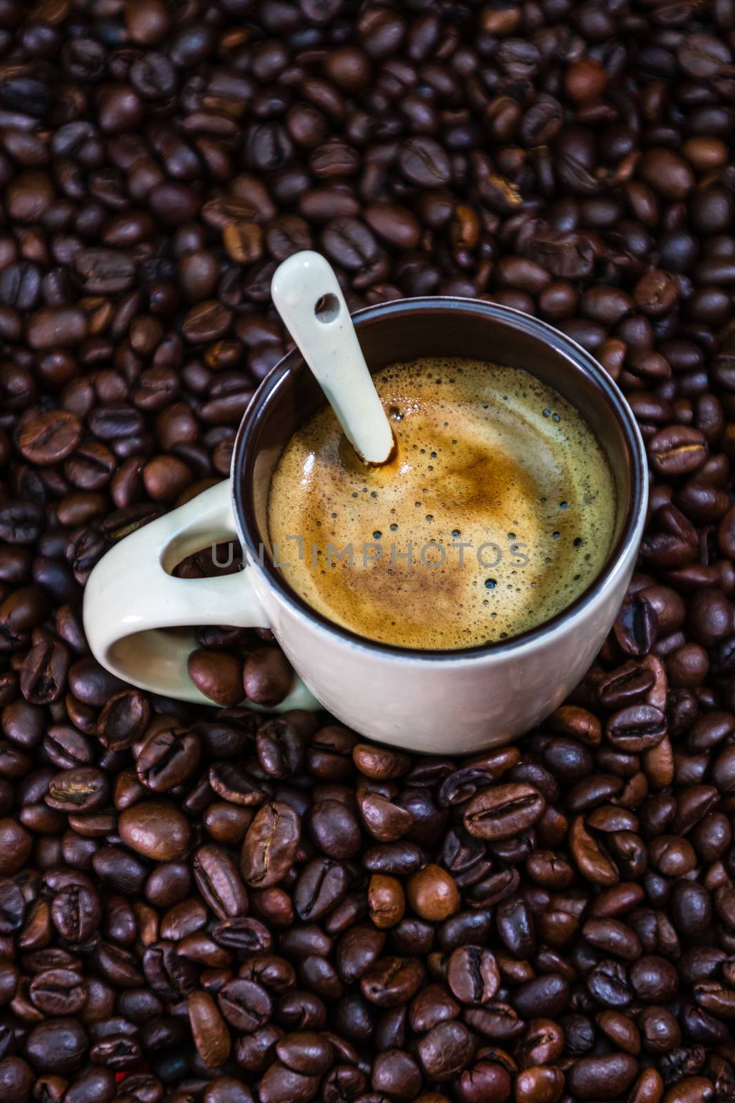 Coffee cup with roasted coffee beans on red background, coffee concept, close up coffee photo