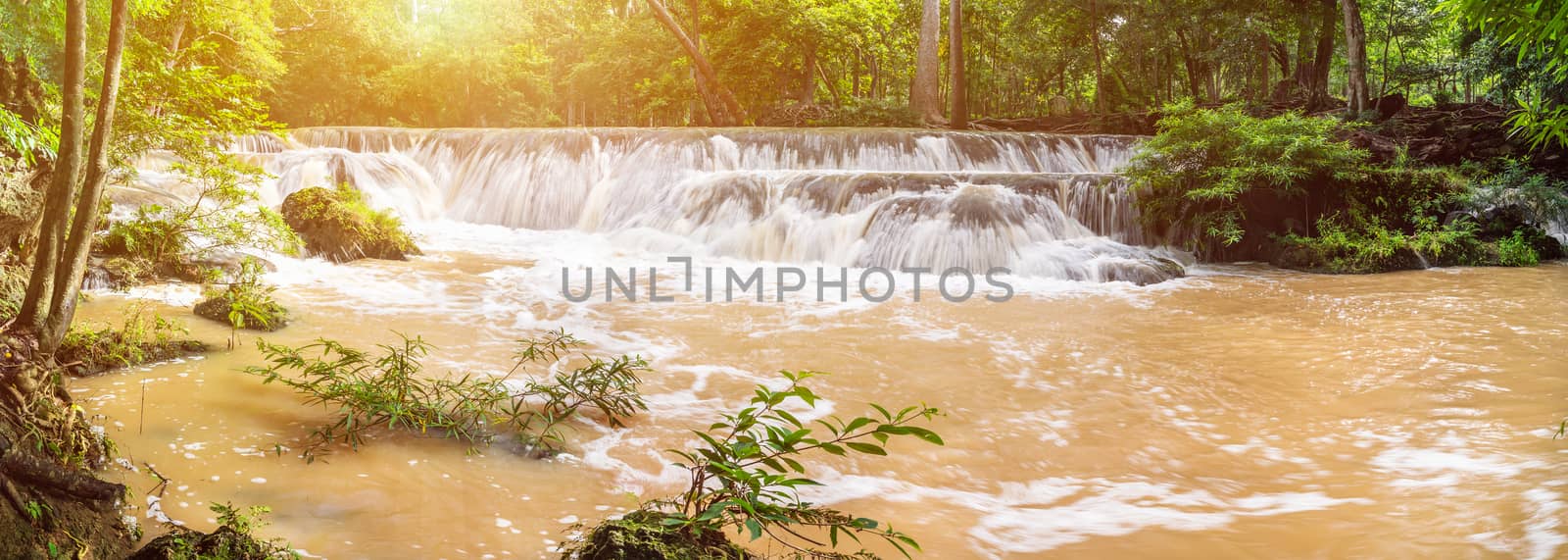 Panorama Waterfall in a forest on the mountain in tropical forest at National park Saraburi province, Thailand