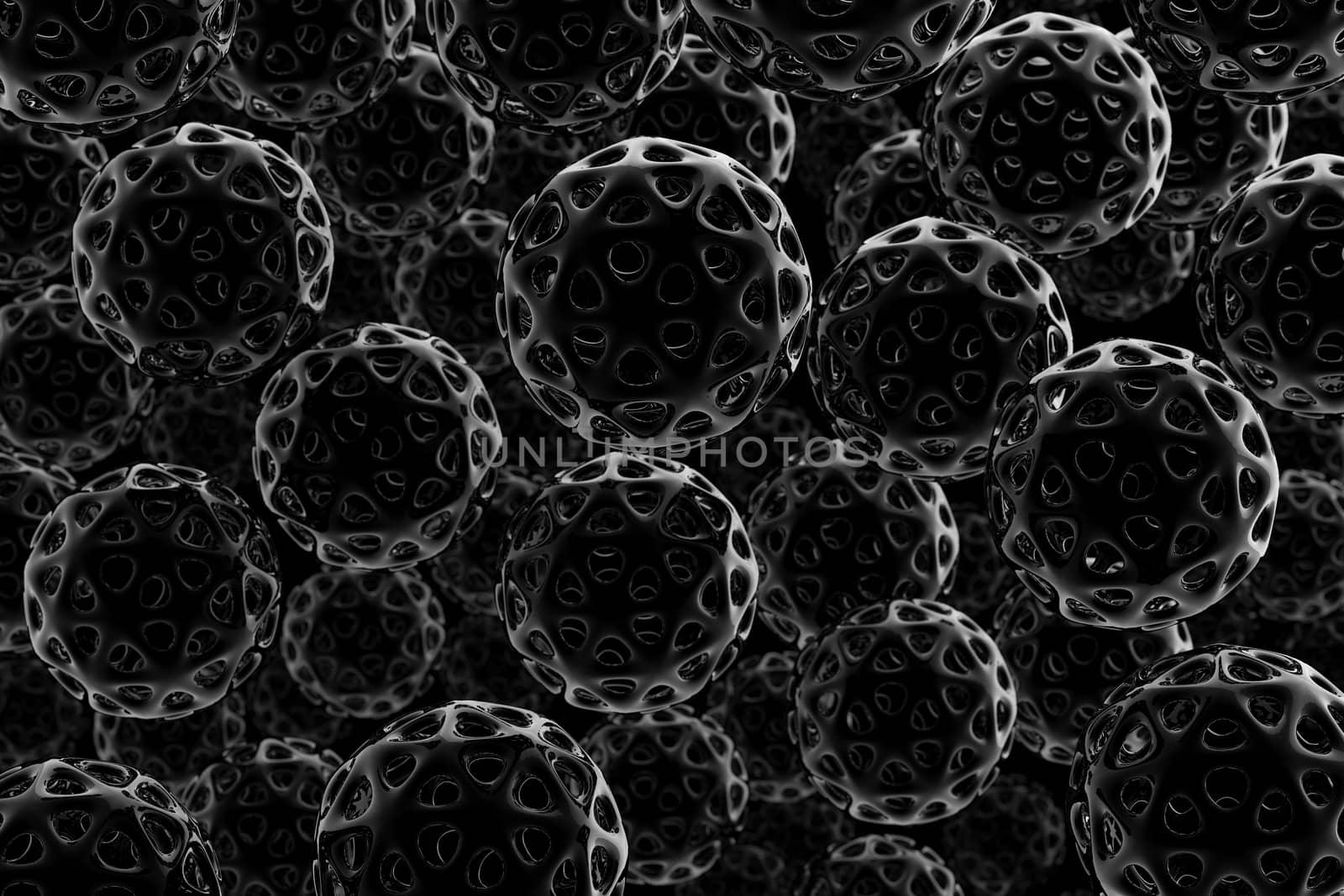 Shiny black balls and holes penetrating from each side floating in the dark. The pattern of many black spheres. The concepts of abstract background. 3D illustration rendering.