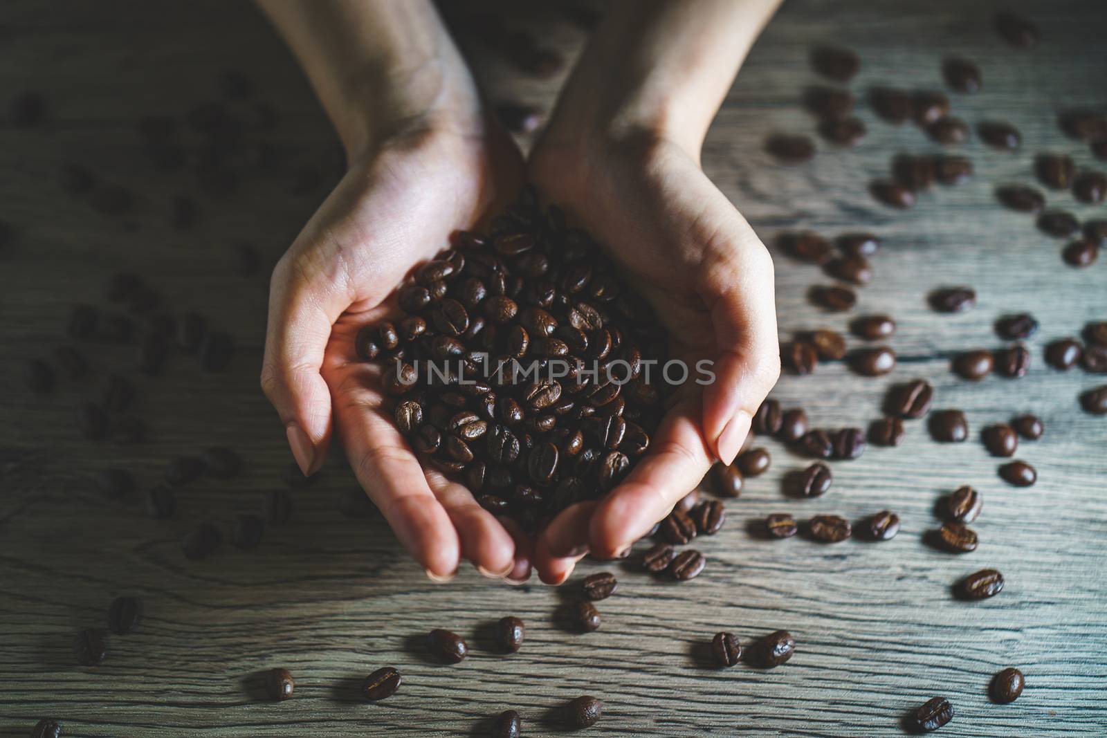 Woman's hands holding roasted coffee beans, closeup by sirawit99