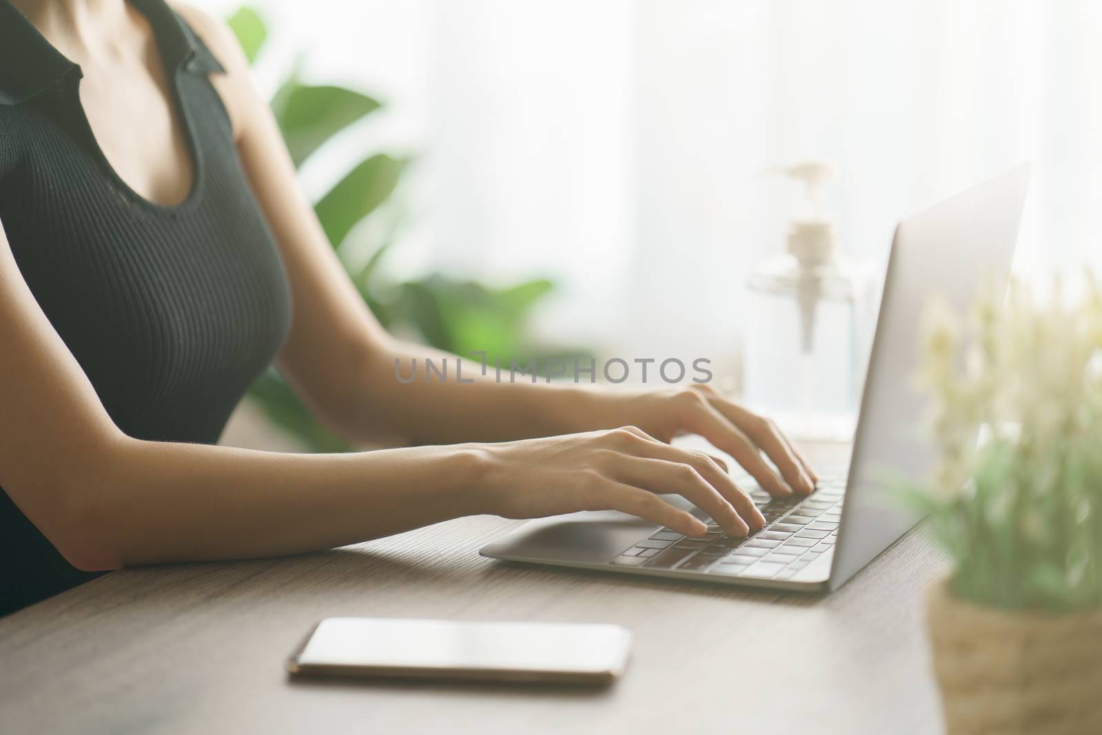 Woman use laptop for online communication, surfing browsing and internet