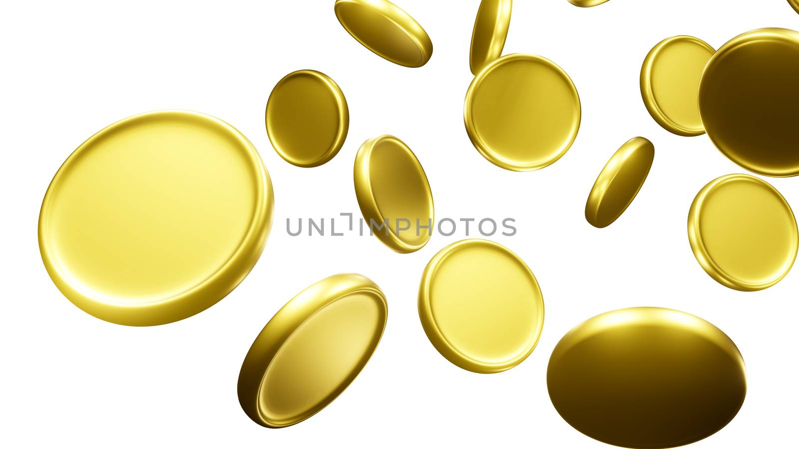 Falling gold coins, golden coins rain on black background. 3D render isolated