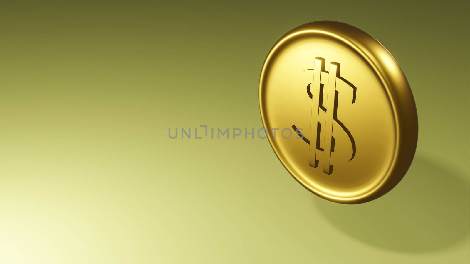 Gold coin with dollar sign. illustration on yellow background. 3D render.