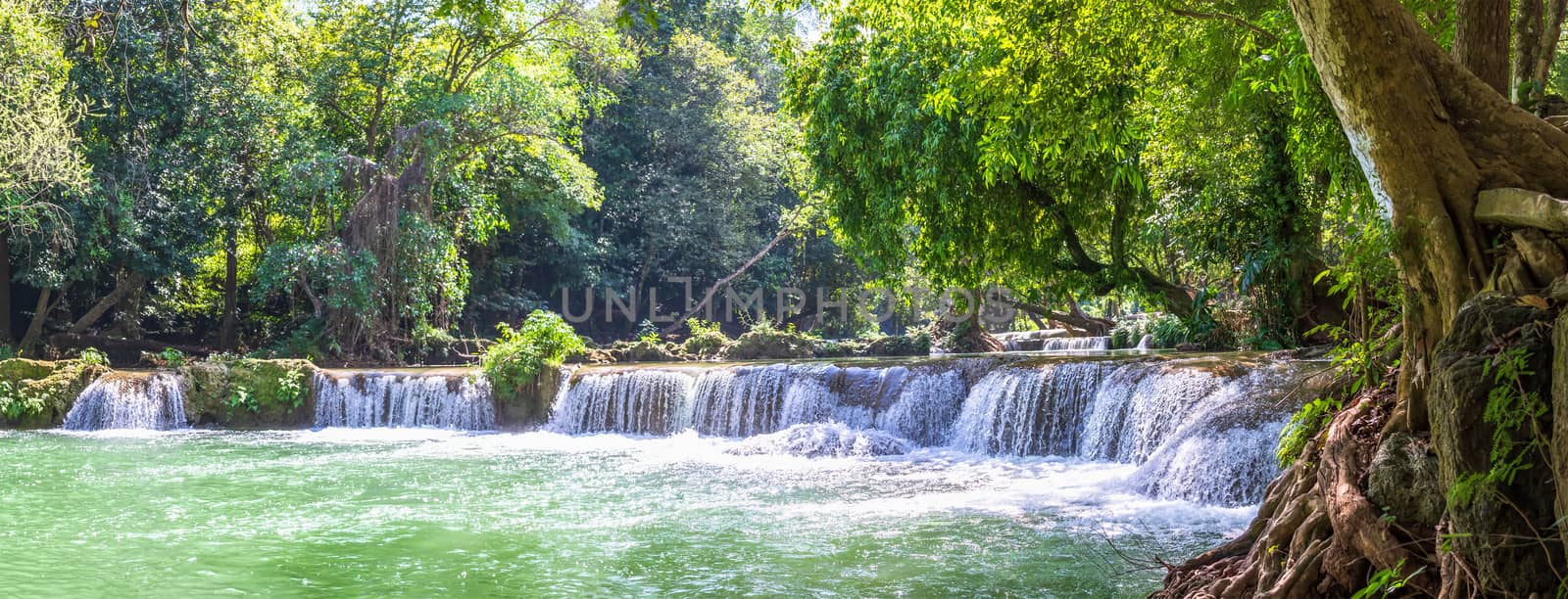 Panorama Waterfall in a forest on the mountain in tropical forest at Waterfall Chet Sao Noi in National park Saraburi province, Thailand