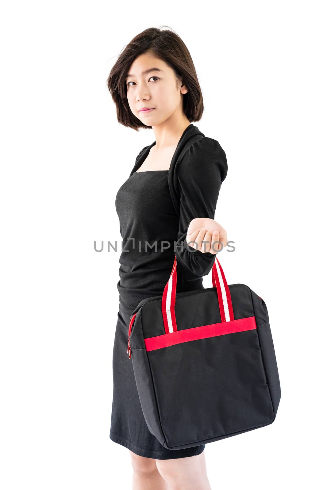 Woman carrying black shopping bag  isolate on white background