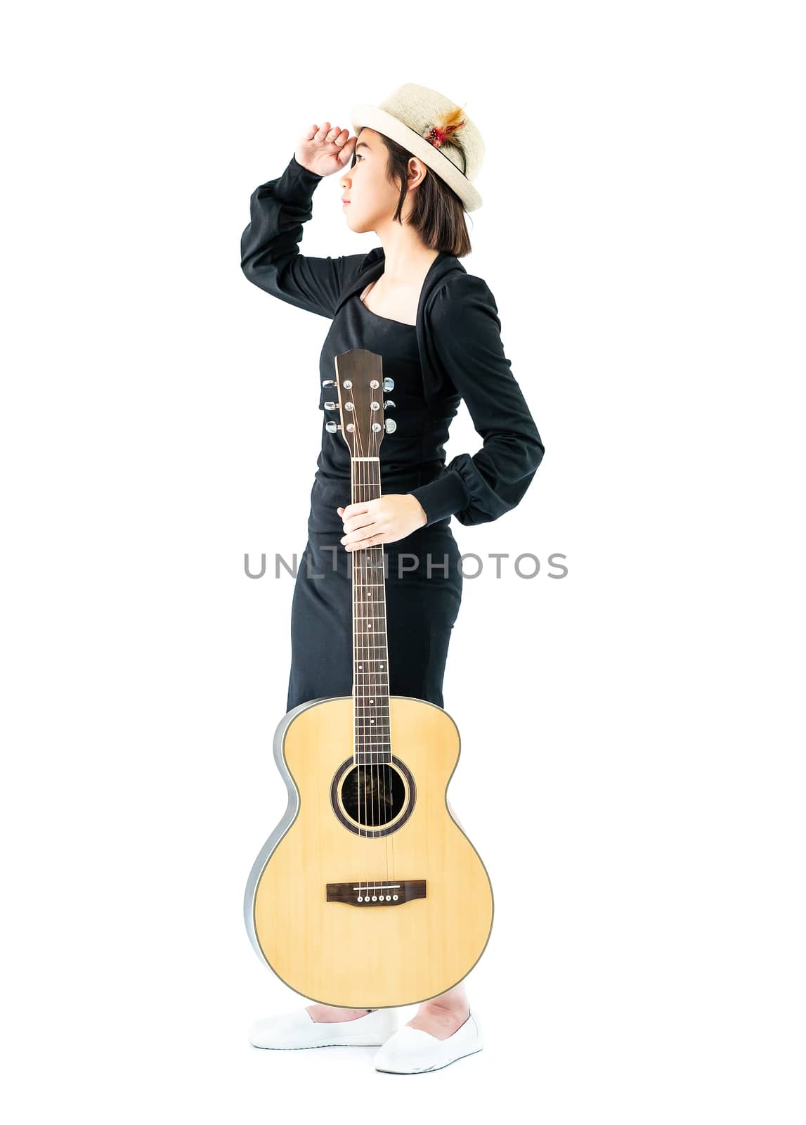 Young asia woman hold guitar guitar folk song in her hand isolate on white background