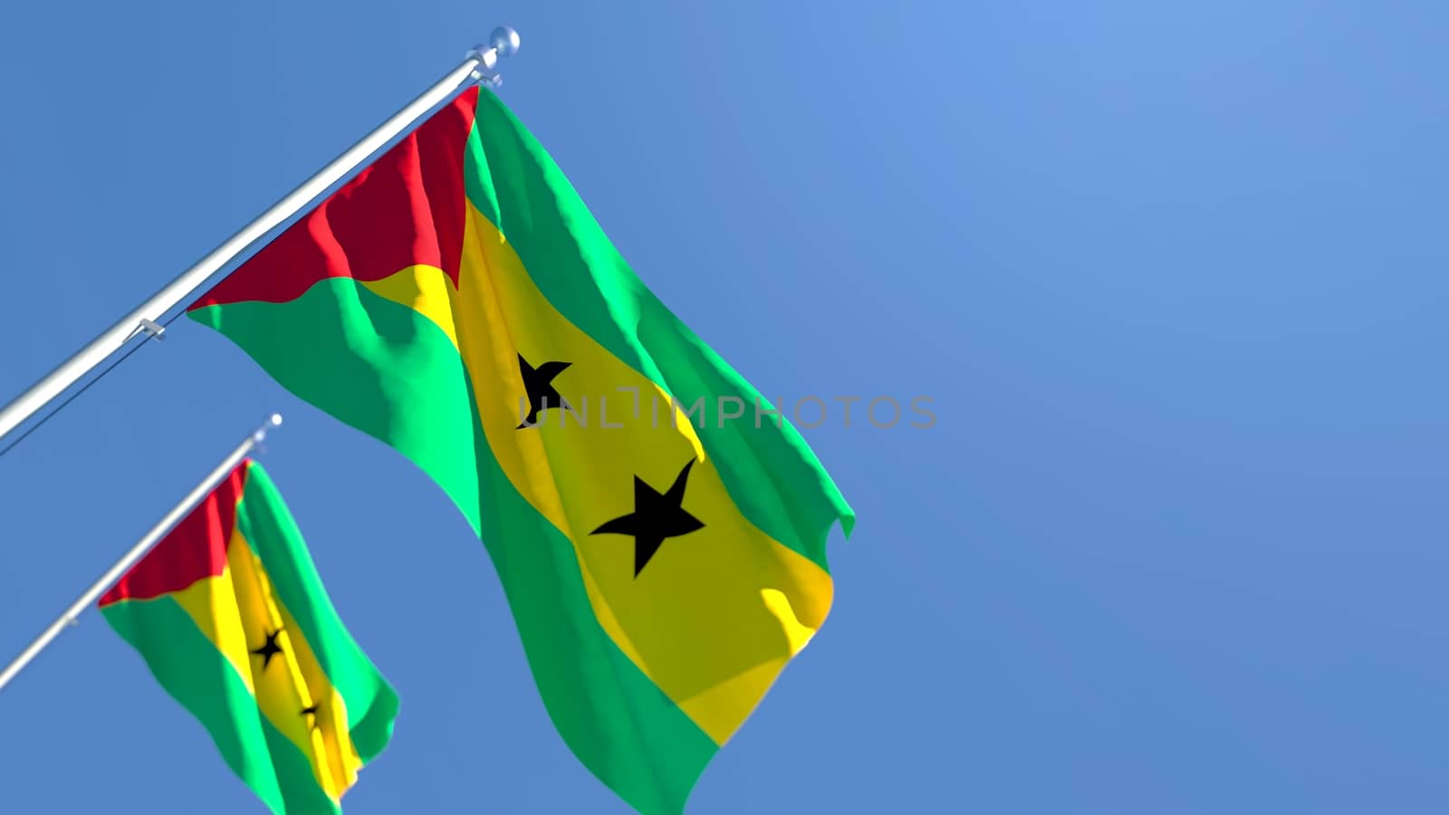 3D rendering of the national flag of Sao Tome And Principe waving in the wind against a blue sky