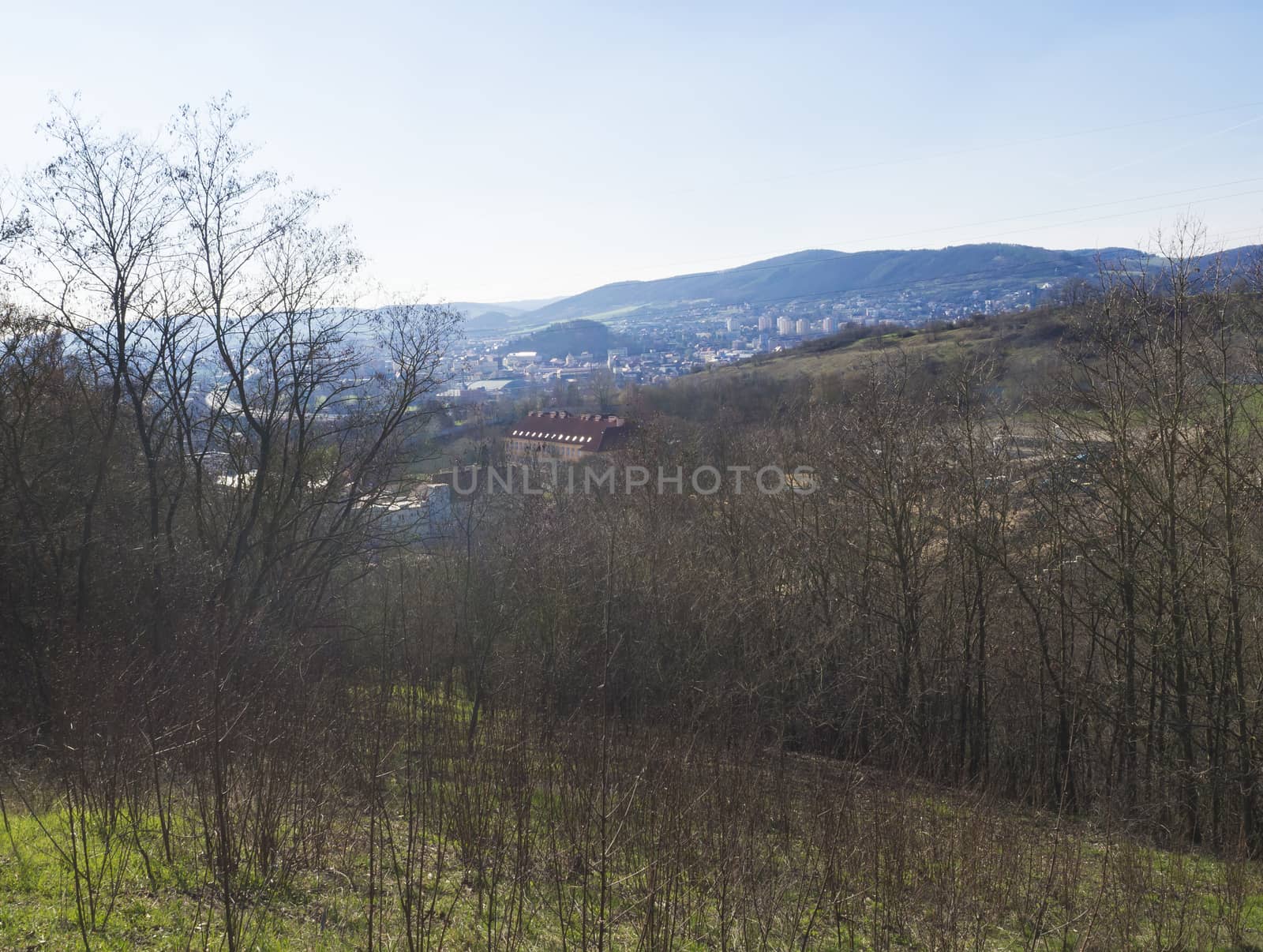 View on city Beroun from hill above, early spring, Czech Republic.