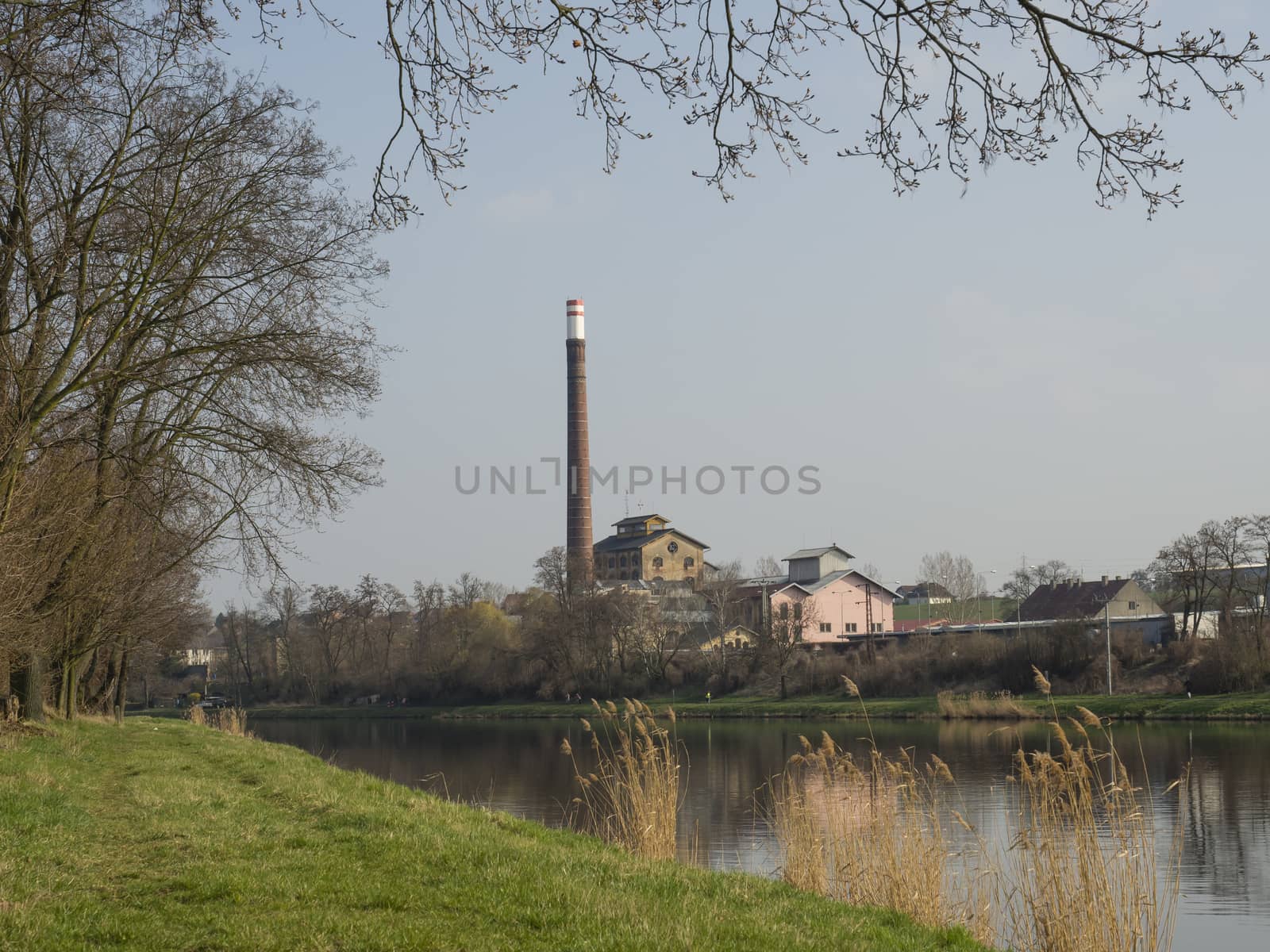 old historical factory building with chimney across the river elbe, lush green grass, tree and blue sky by Henkeova