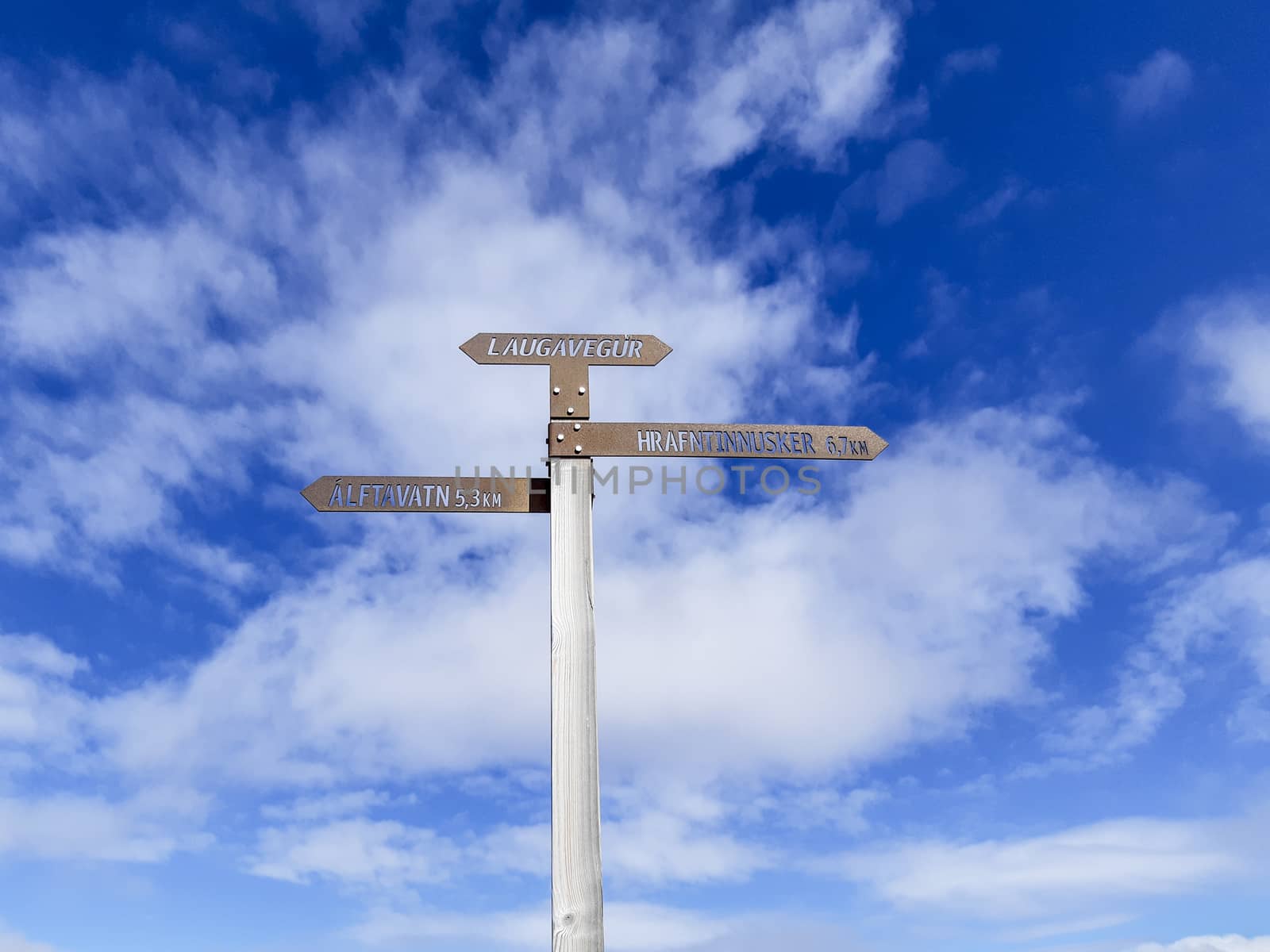 Directional sign pole indicating directions to laugavegur, alftavatn and hrafntinnusker. by kb79