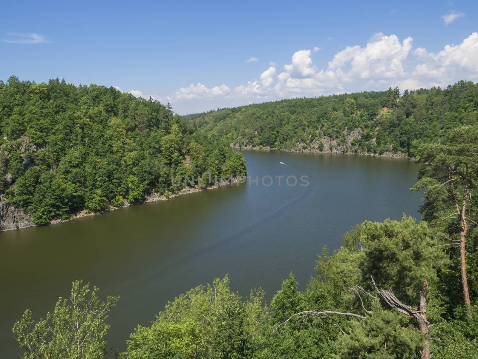 view from bridge zvikov on otava and vltava river with green tree forest rocky shore blue water, boat and blue sky white clouds background