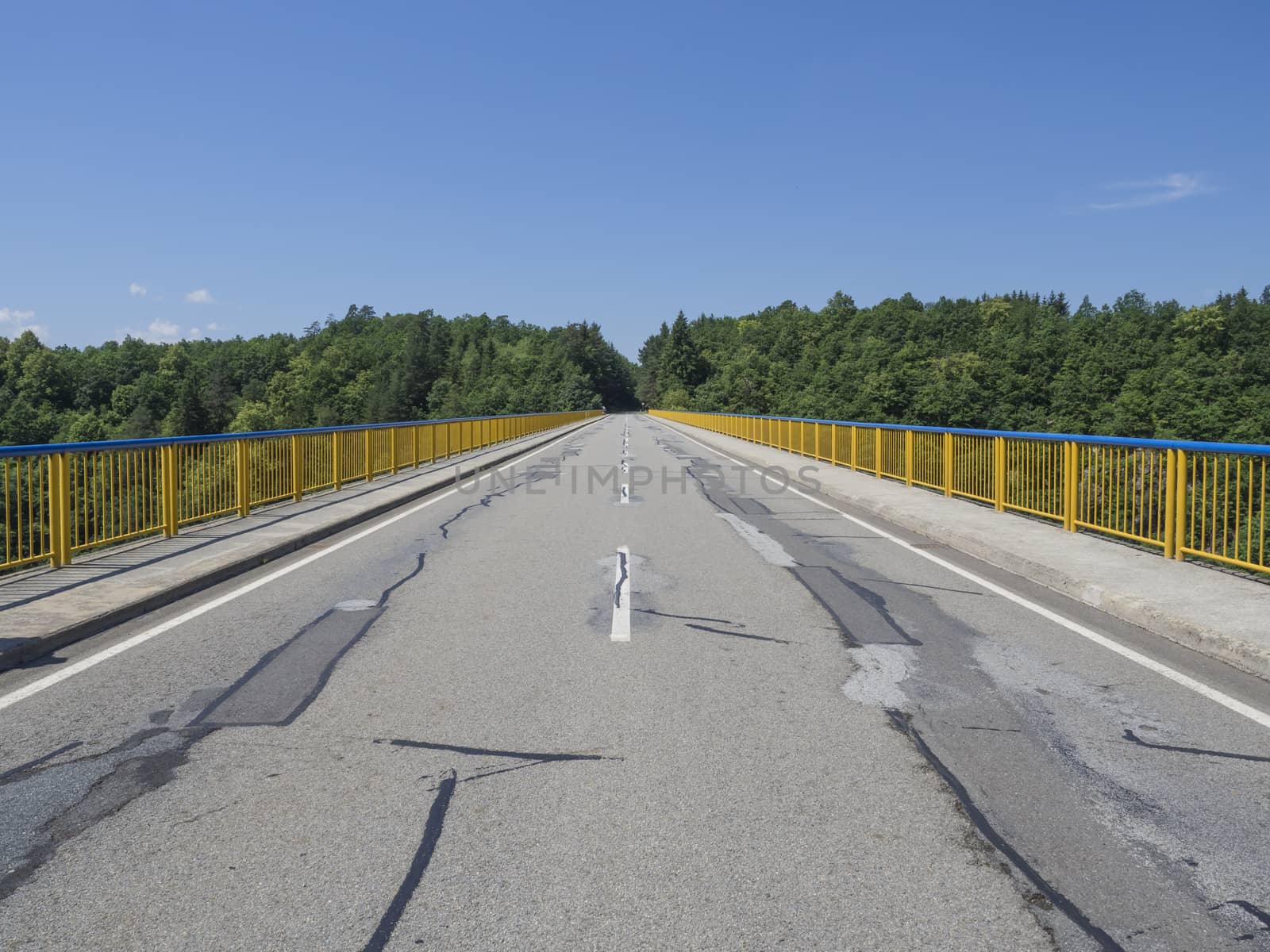 asphalt road on bridge with yellow barrier and green trees in the background, clear blue sky, copy space