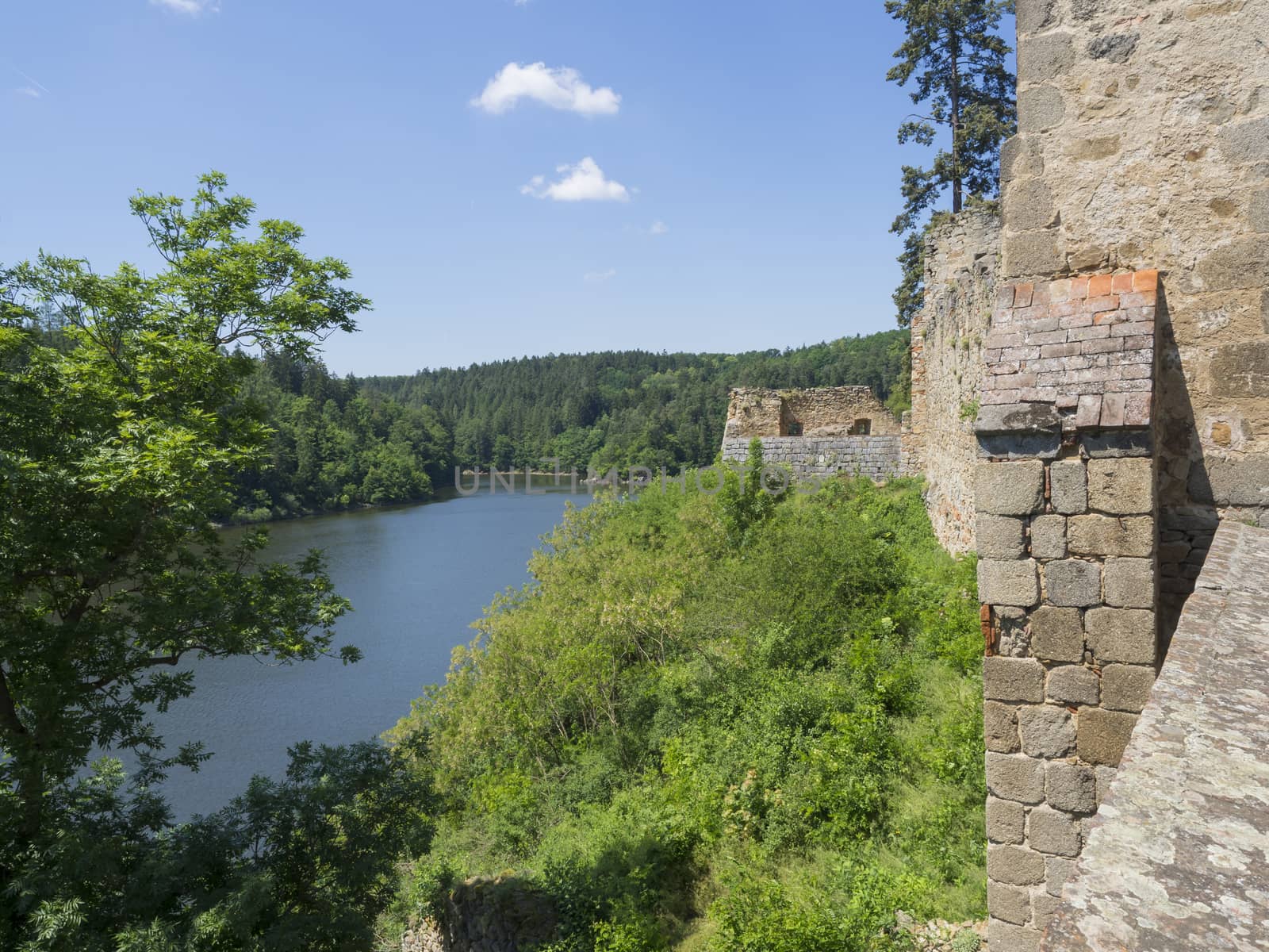 view from rampart of medieval castle Zvikov (Klingenberg), stone wall, vltava river, spring green trees and blue sky, Czech Republic