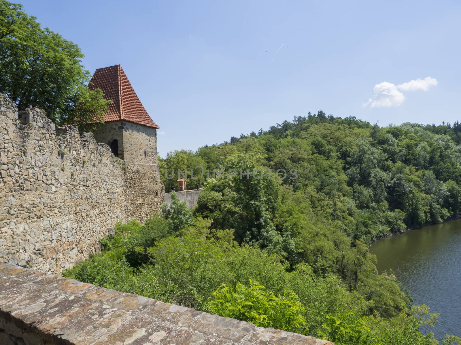 view from rampart of medieval castle Zvikov (Klingenberg), wall with tower, vltava river, spring green trees and blue sky, Czech Republic