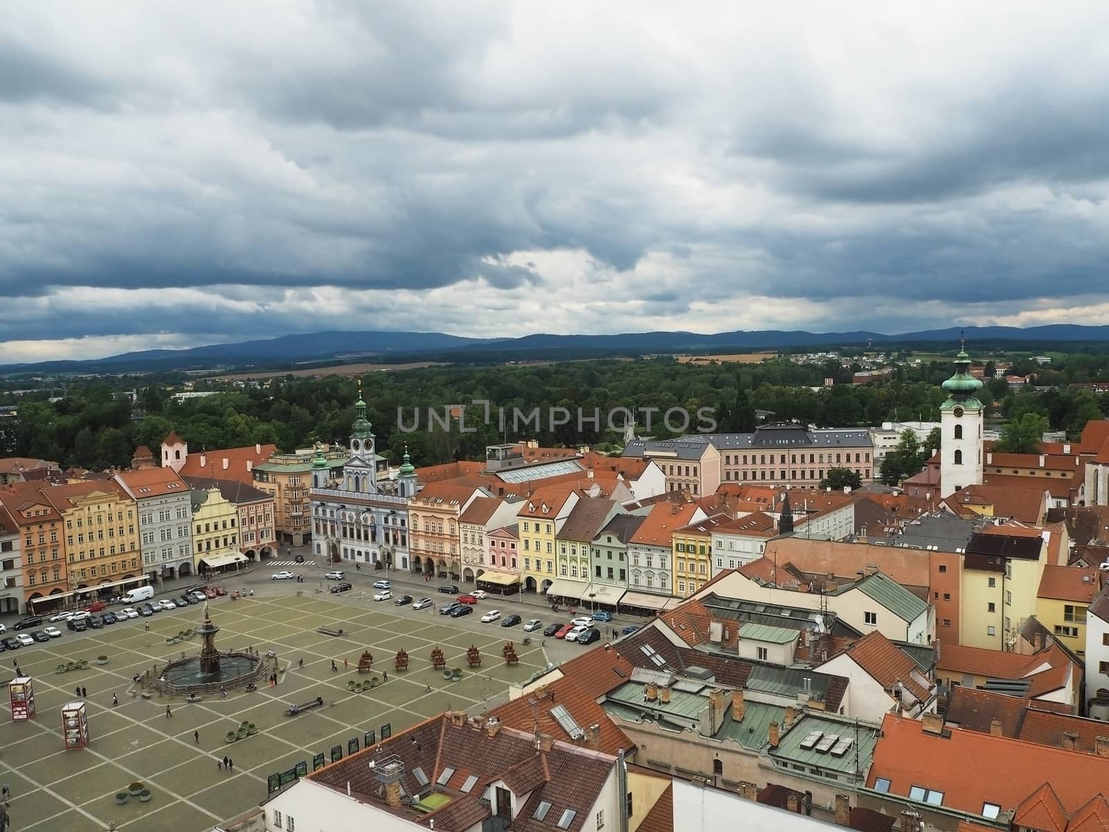 CZECH REPUBLIC, CESKE BUDEJOVICE, JULY 15, 2016: View on the main square in city center from black tower town hall with dramatic clouds
