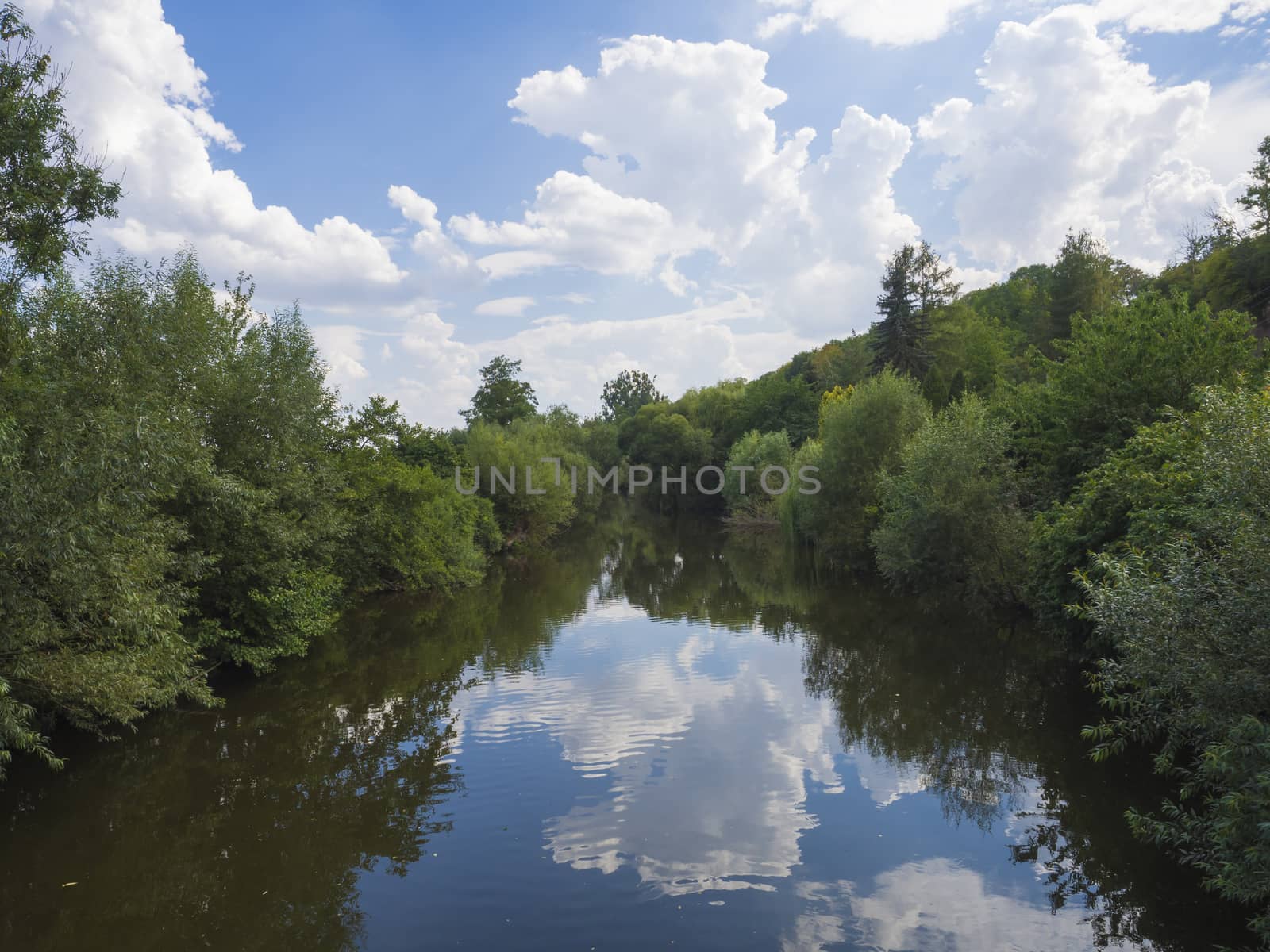 forest lake Landscape with trees, blue sky and clouds reflecting in the water by Henkeova