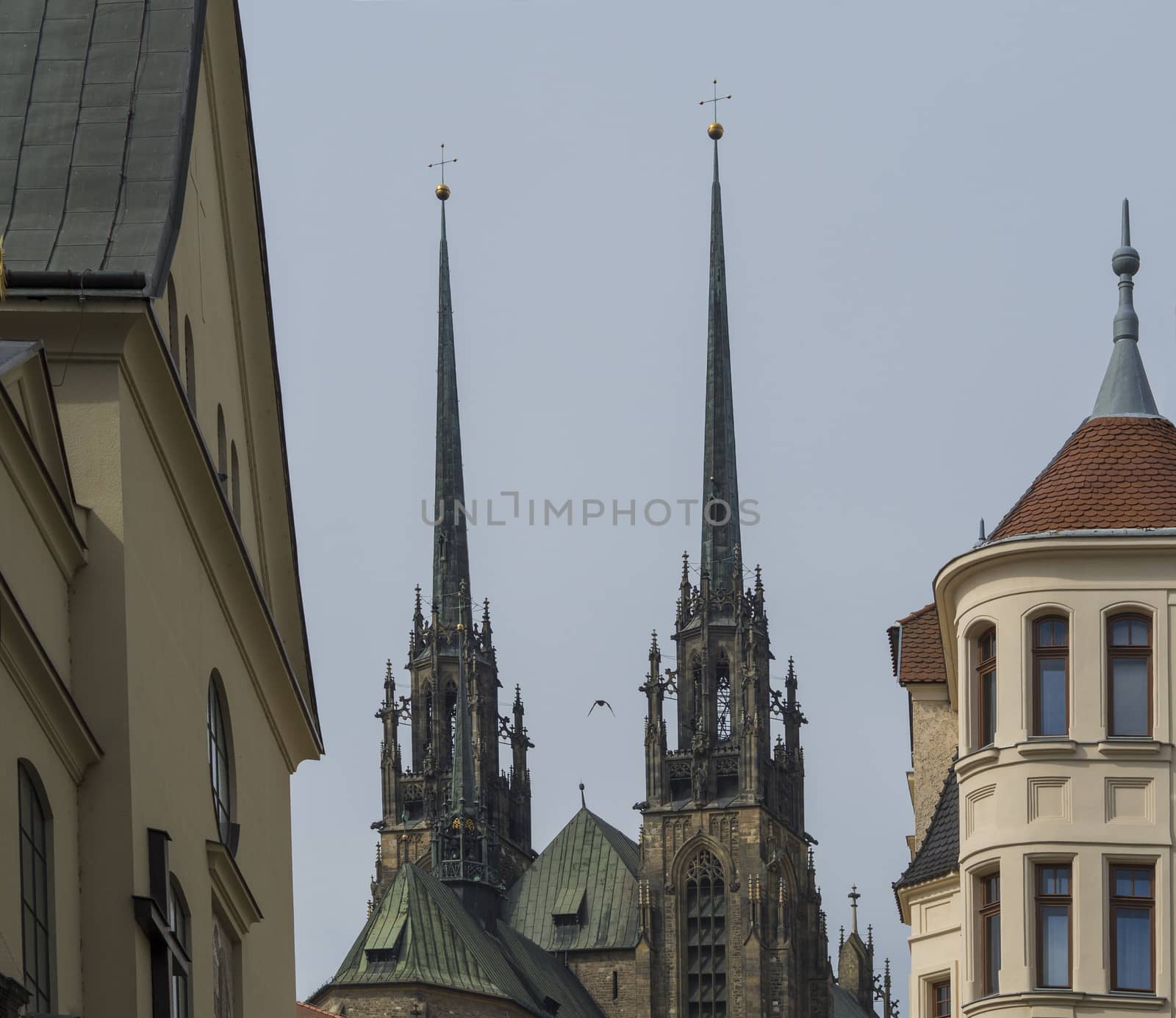 Brno historical city center with towers of gothic cathedral in c by Henkeova