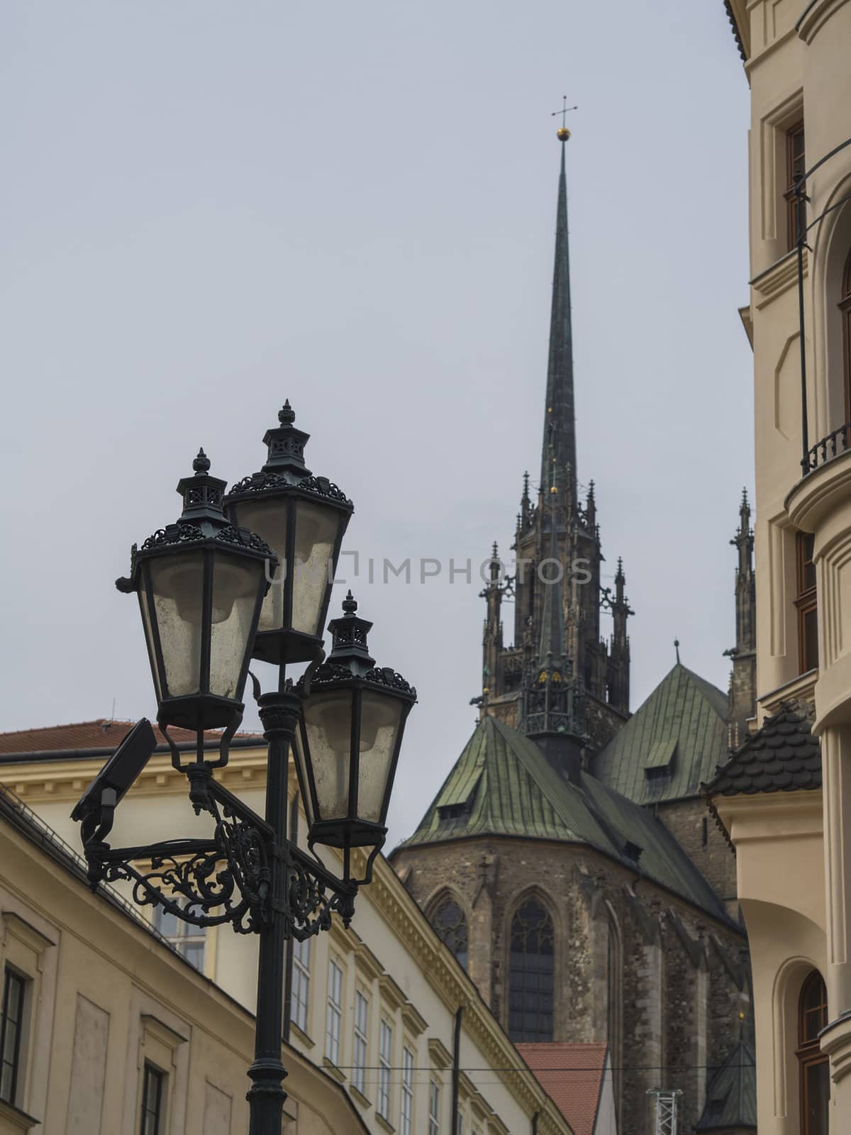 close up old street lamp in Brno historical city center with tow by Henkeova