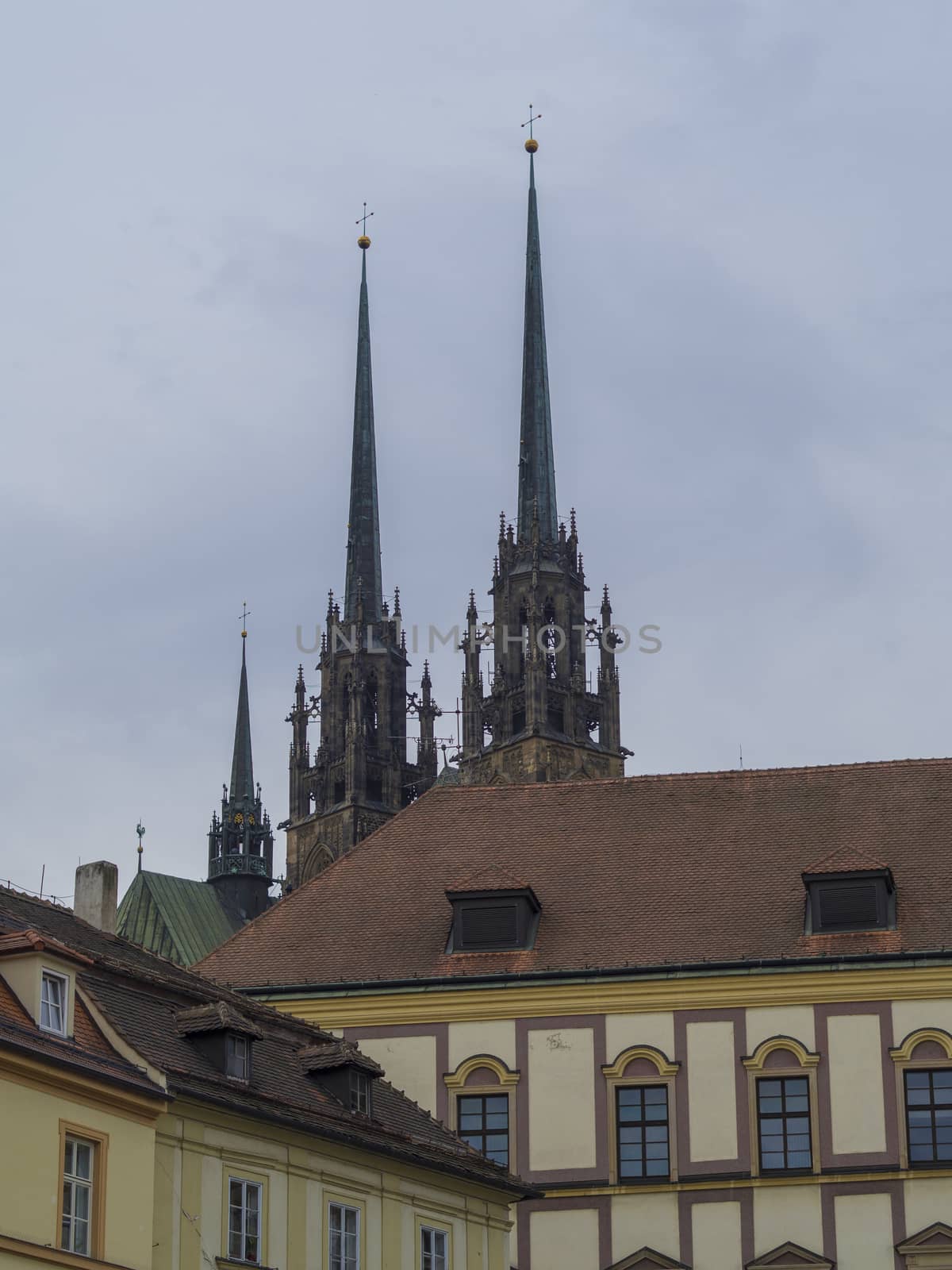 Brno historical city center with towers of gothic cathedral in czech republic