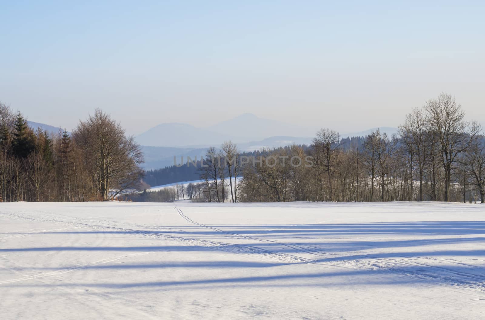 winter field and forest countryside snow covered panoramic landscape with trees, hill in luzicke hory mountain by Henkeova