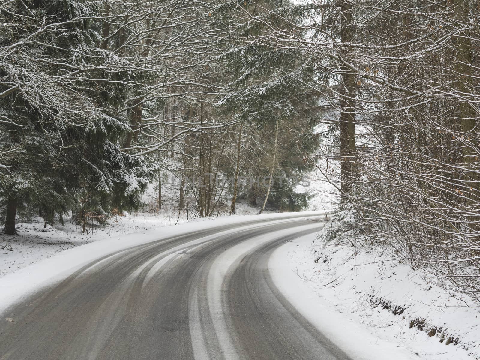 snow covered asphalt road curve in winter forest by Henkeova