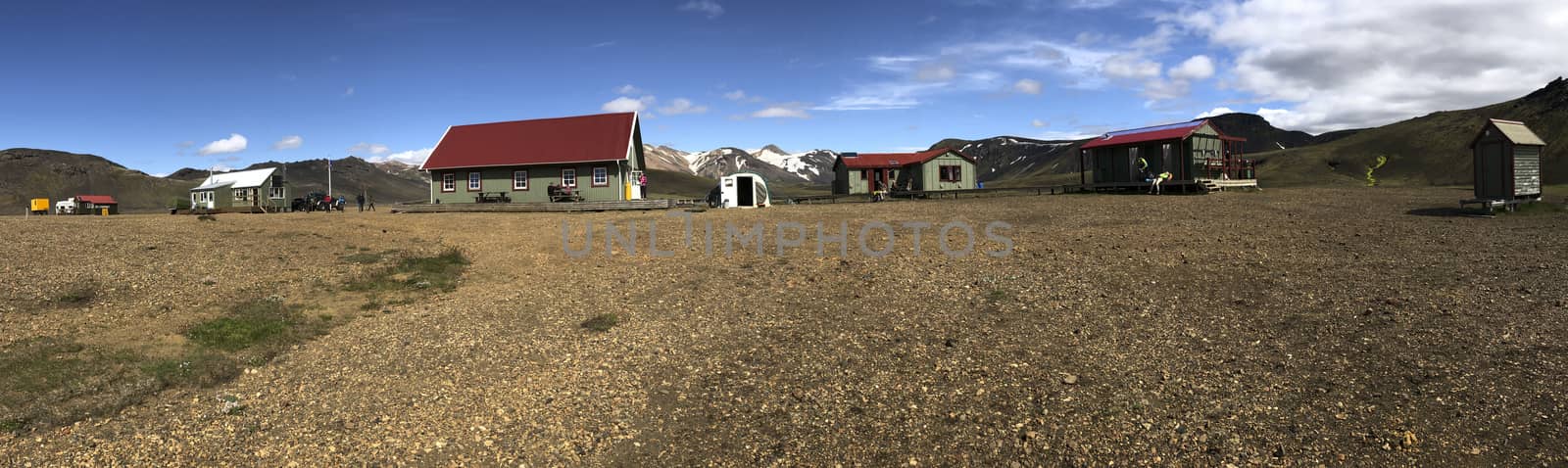 Alftavatn, Iceland, July 2019: view on the alftavatn hut on the lagavegur hiking trail