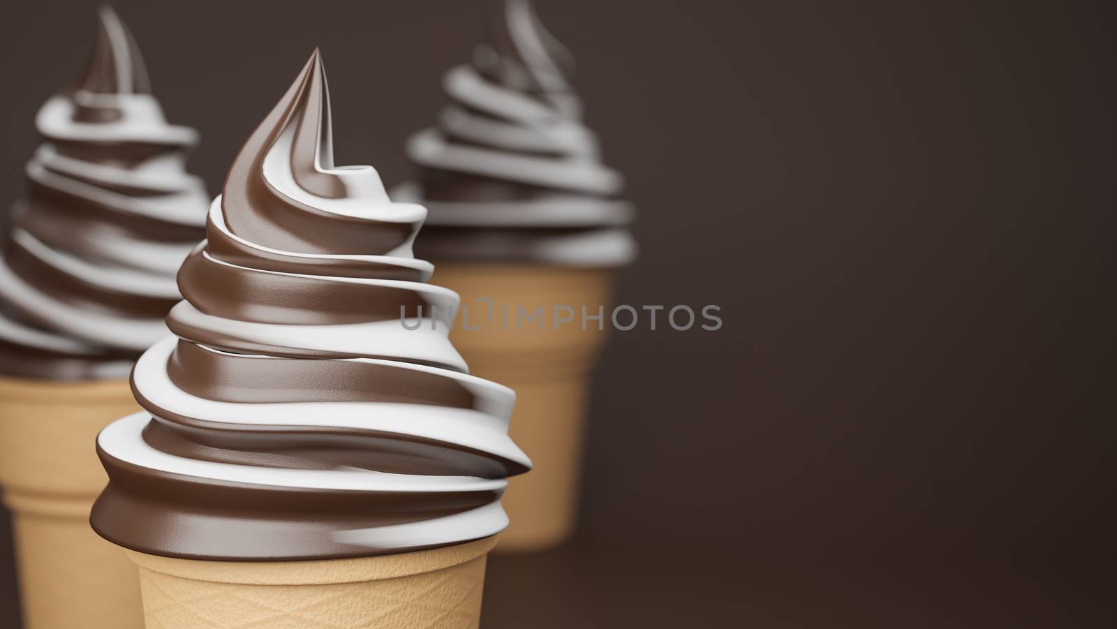 Soft serve ice cream of chocolate and milk flavours on crispy cone on brown background.,3d model and illustration.