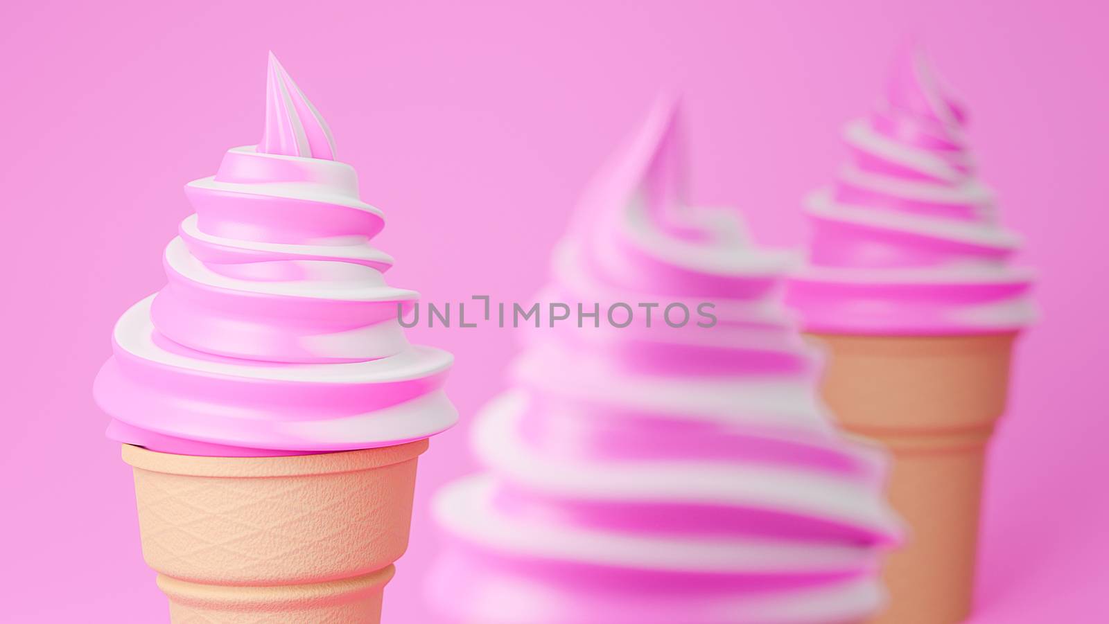 Soft serve ice cream of strawberry and milk flavours on crispy cone on pink background.,3d model and illustration.