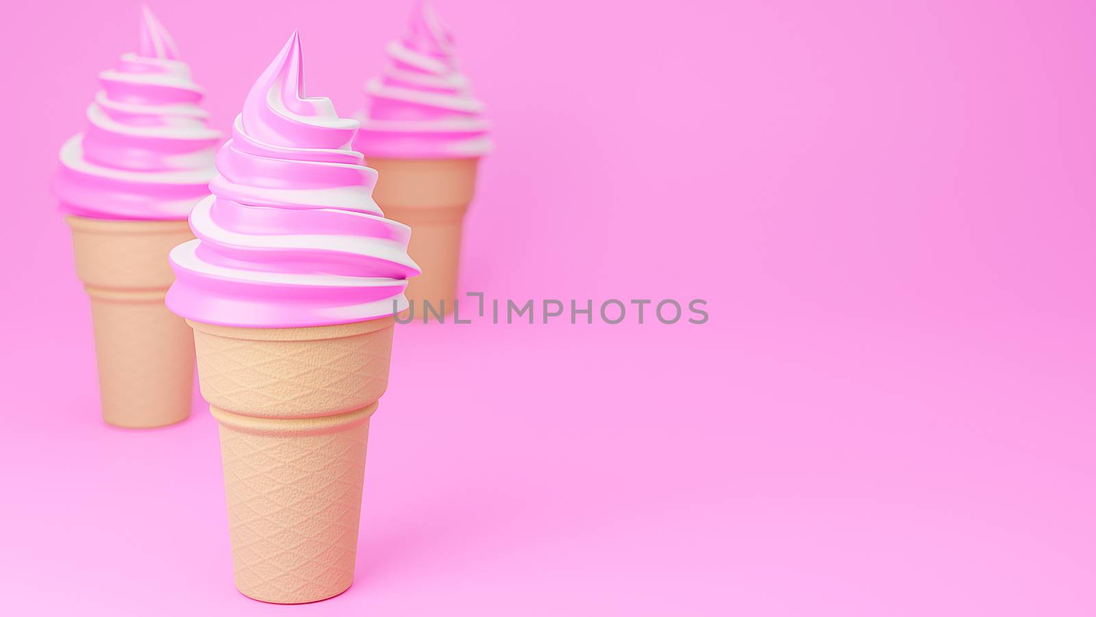 Soft serve ice cream of strawberry and milk flavours on crispy cone on pink background.,3d model and illustration. by anotestocker