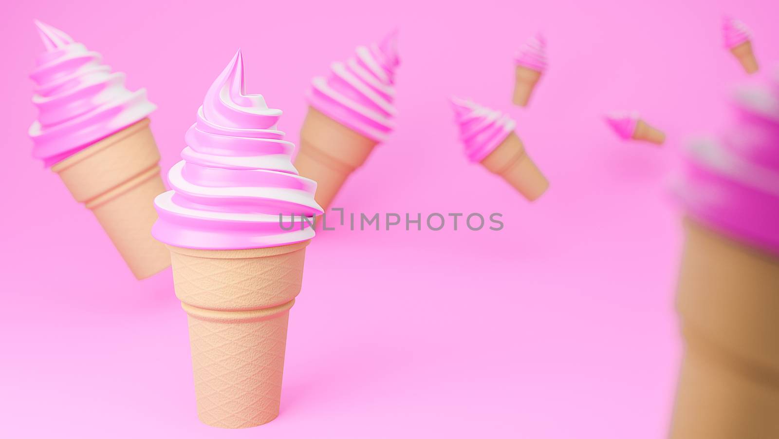 Soft serve ice cream of strawberry and milk flavours on crispy cone on pink background.,3d model and illustration.