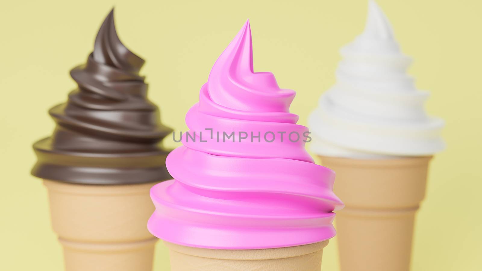 Close up Soft serve ice cream of strawberry, vanilla and chocolate flavours on crispy cone on yellow background.,3d model and illustration.
