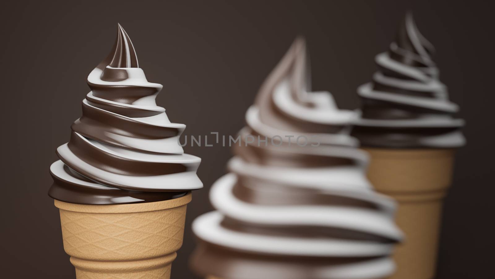 Soft serve ice cream of chocolate and milk flavours on crispy cone on brown background.,3d model and illustration. by anotestocker