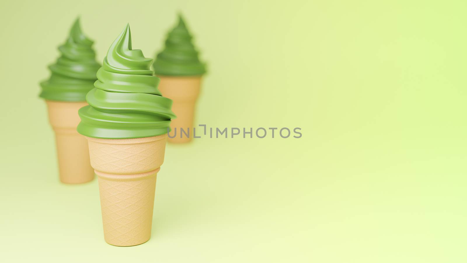 Soft serve ice cream of green tea flavours on crispy cone on green background.,3d model and illustration. by anotestocker