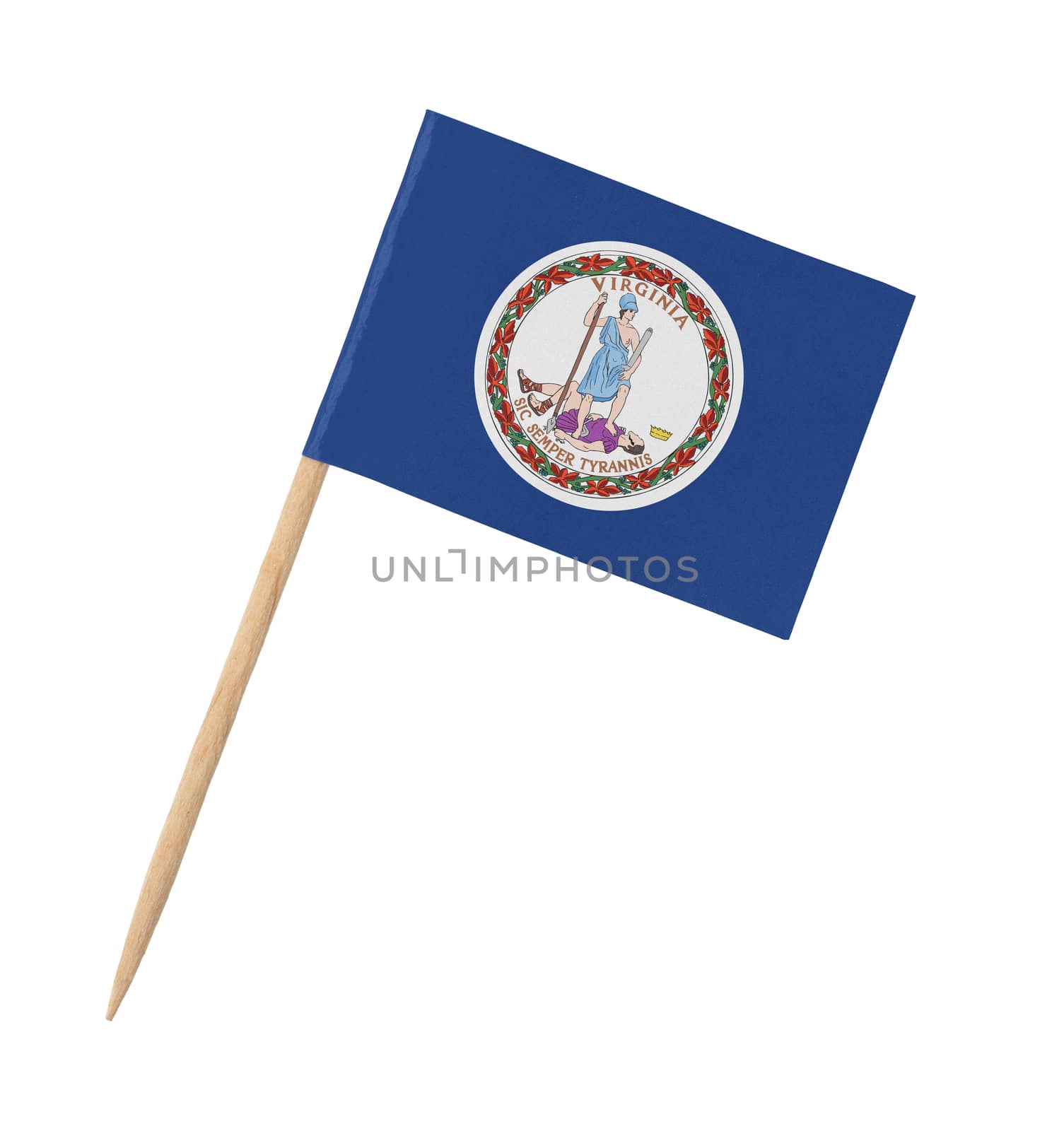 Small paper US-state flag on wooden stick - Virginia - Isolated on white