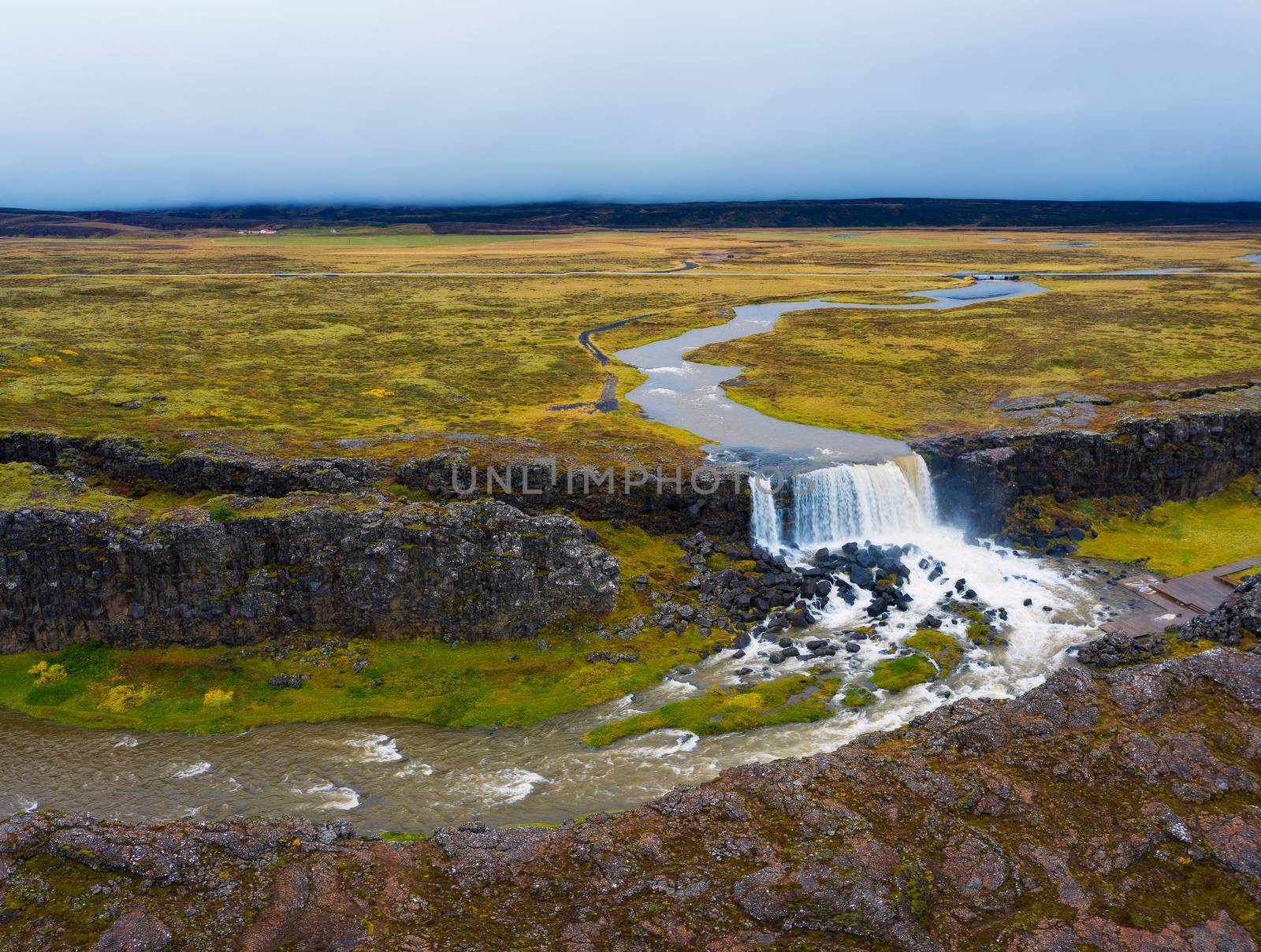 Aerial view of the Oxarafoss waterfalls in Iceland. Oxarafoss also called Oxararfoss is located in the Thingvellir National Park on the Oxara River.