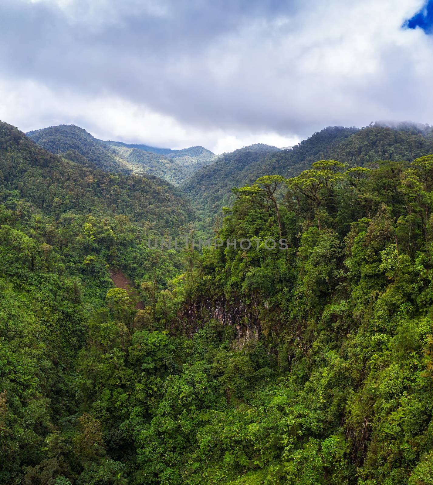 Aerial view over Juan Castro Blanco National Park in Costa Rica. This national park contains three volcanos and an area of rain and cloud forest.