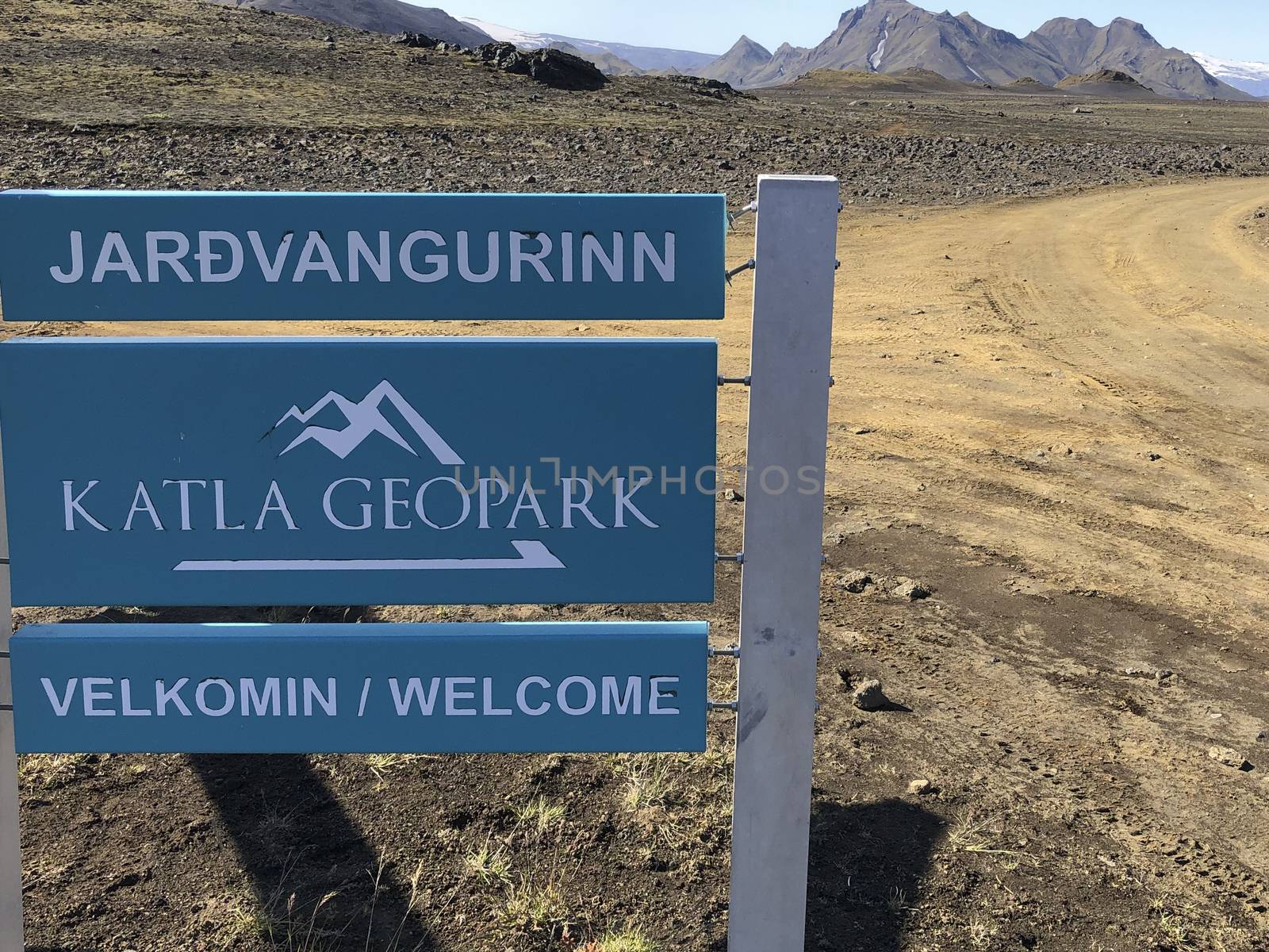 Katla, Iceland, July 2019: welcome sign board to Icelandic Katla Geopark or Jardvangurinn
