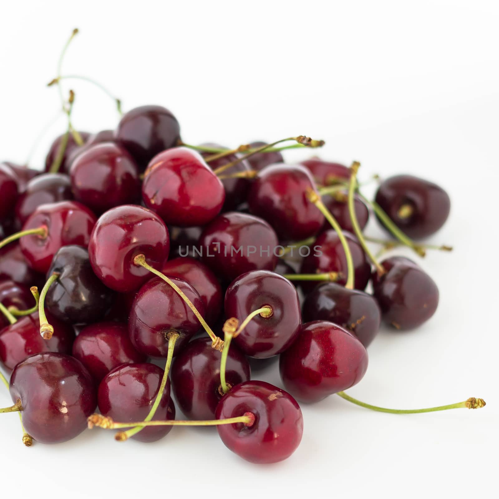 Fresh red cherries on a white surface