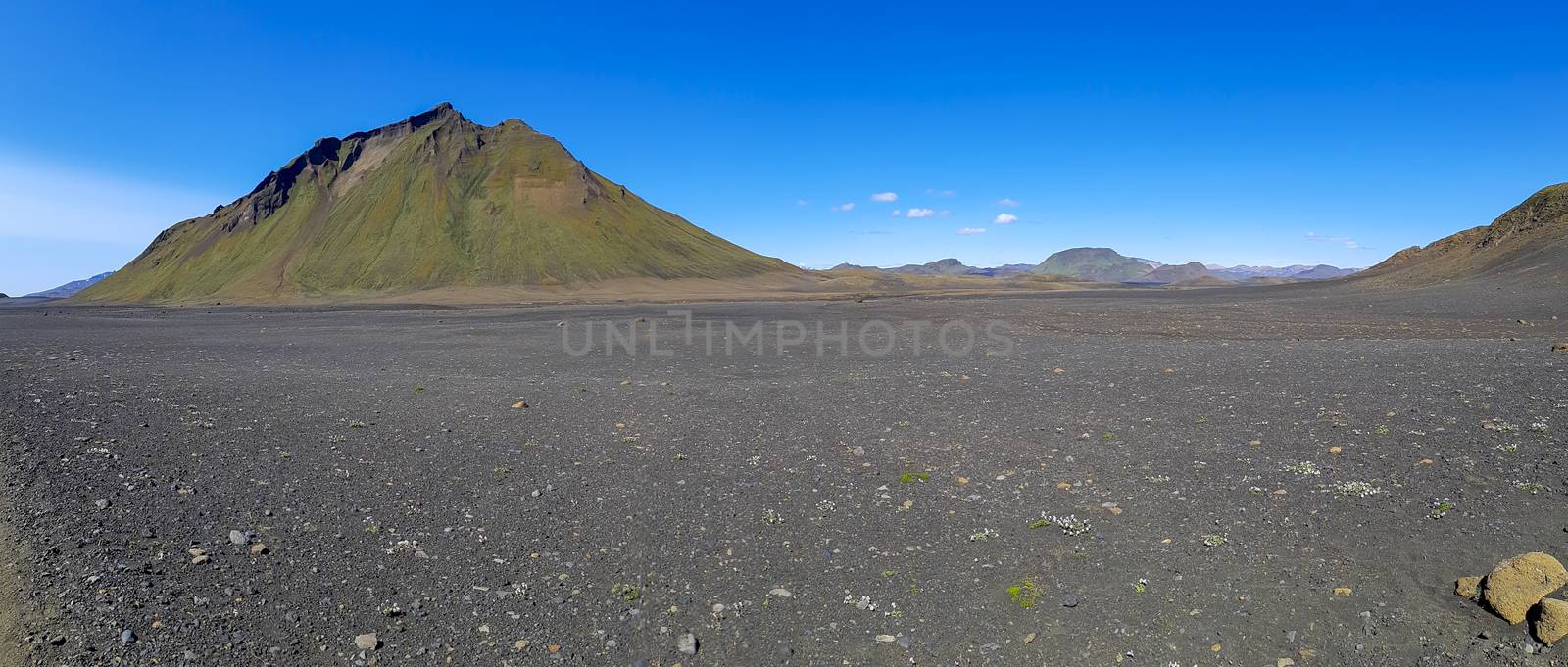 Black volcanic landscape in Katla nature reserve on Laugavegur hiking trail in Iceland. Travel and tourism.