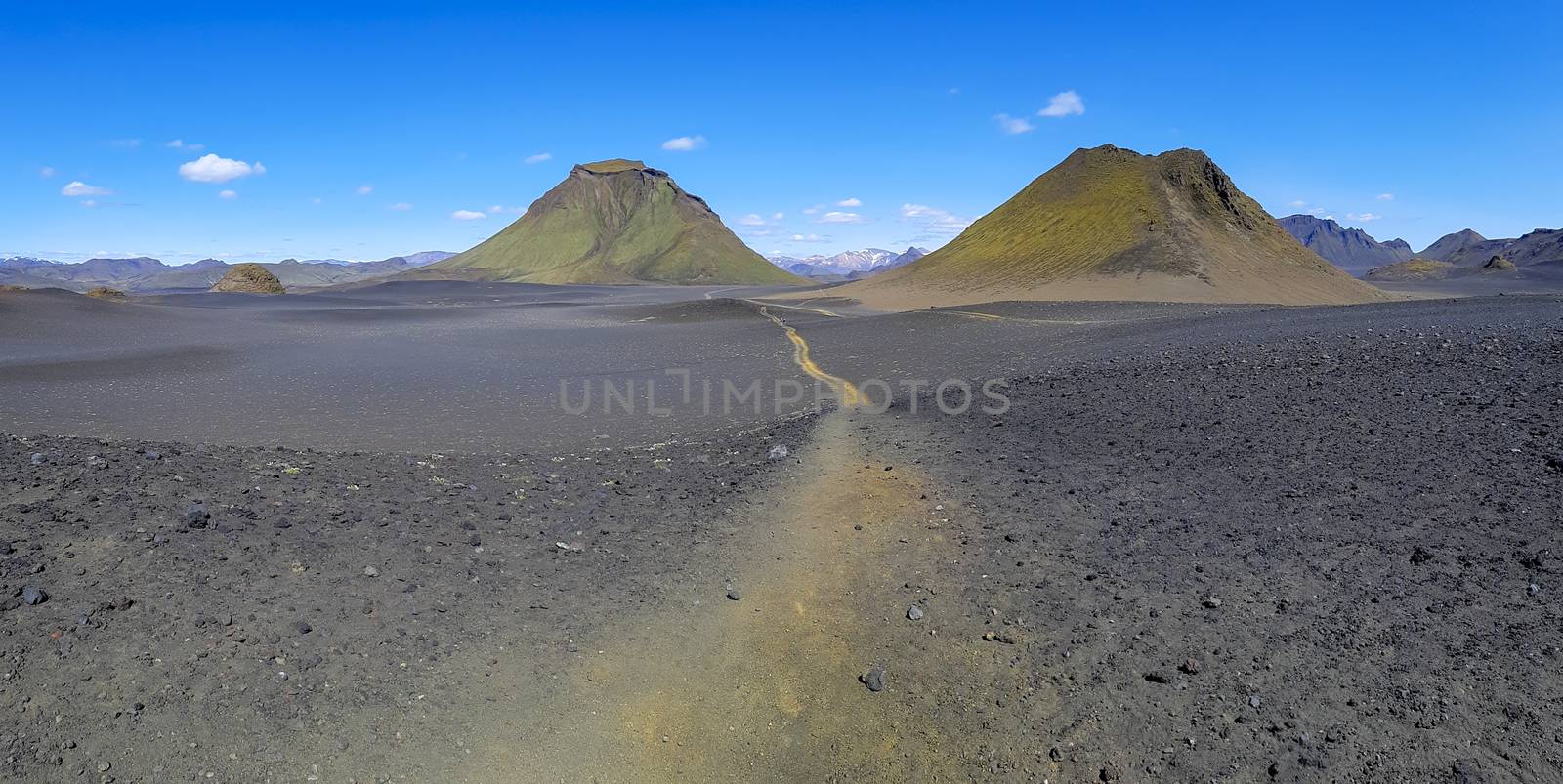 Black volcanic landscape in Katla nature reserve on Laugavegur hiking trail in Iceland. Travel and tourism.