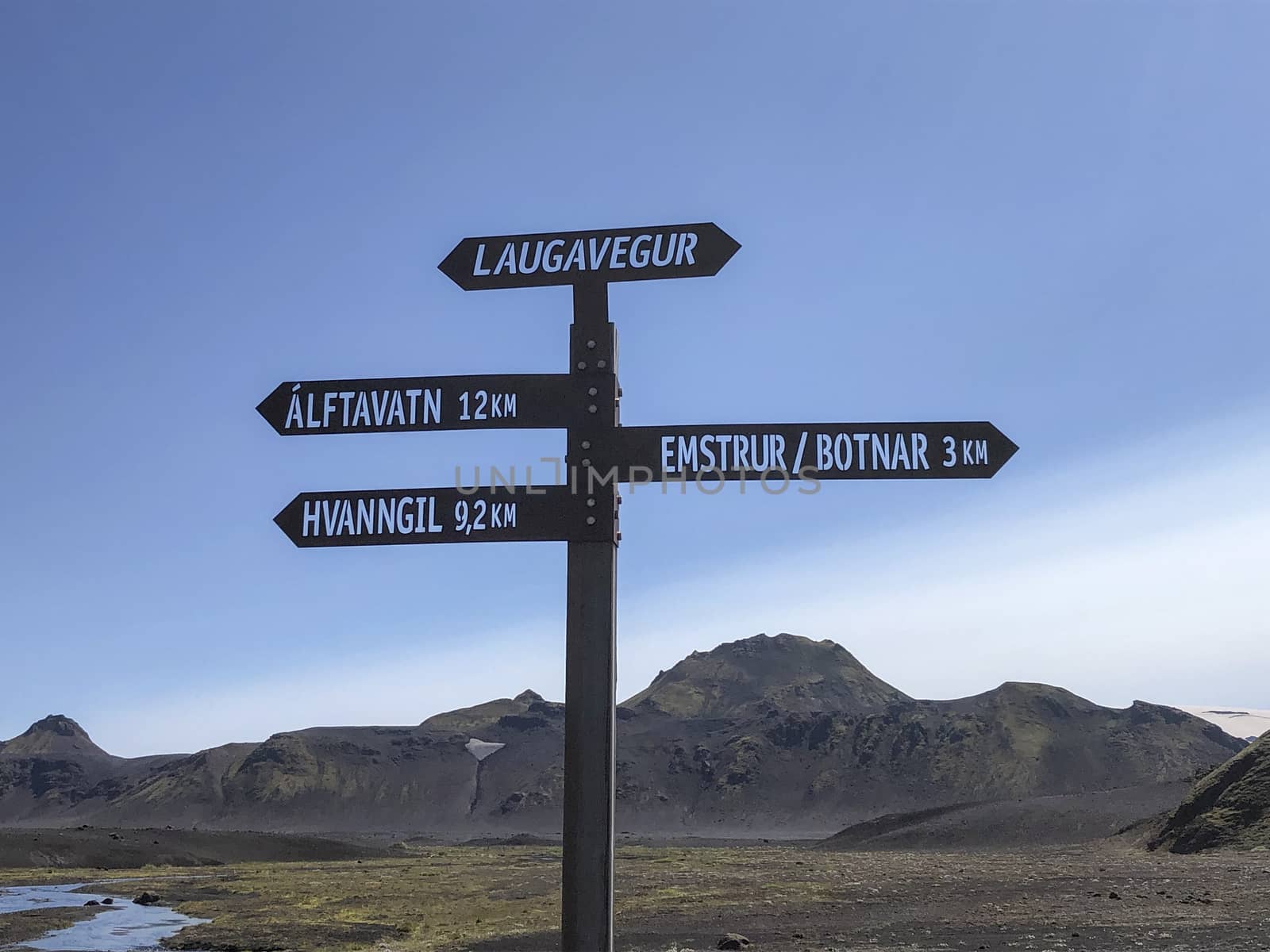 Laugavegur, Iceland, July 2019: hiking directional sign on the Laugavegur hiking trail, signalling, Laugavegur, Botnar, Emstrur Hvanngil and Alftavatn