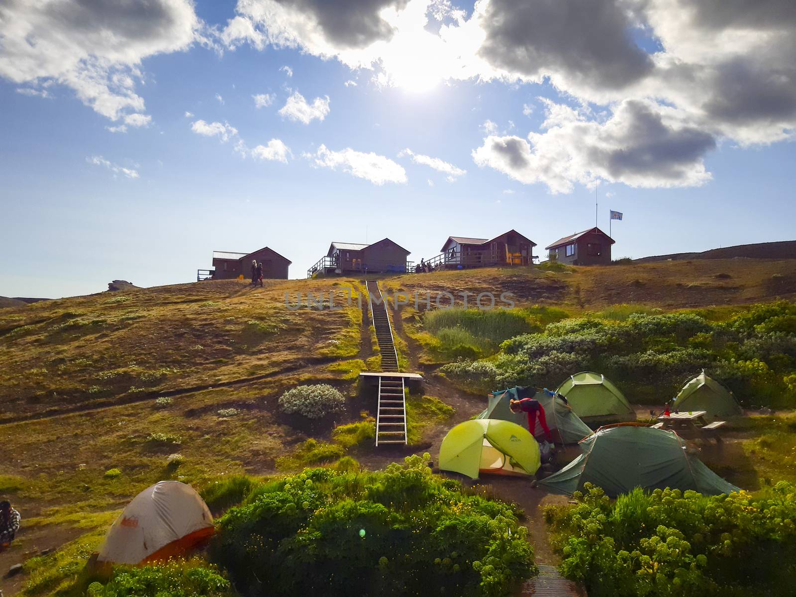 Emstrur, Iceland, July 2020: view on emstrur botnar hut and camping ground on the laugavegur hiking trail. by kb79