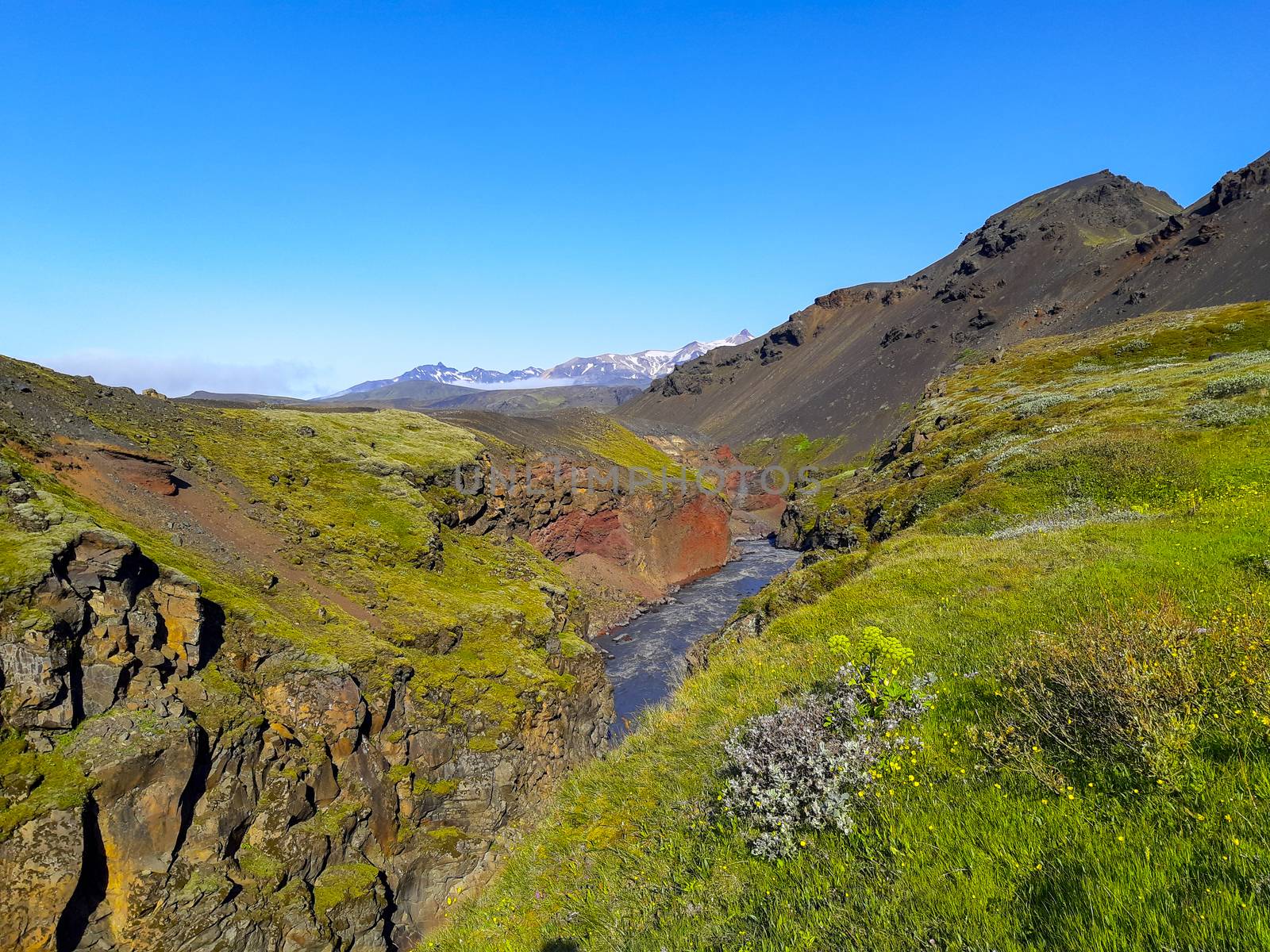 Dramatic Iceland landscape with Markarfljot canyon and river in the vincinity of Emstrur Botnar. Travel and tourism.