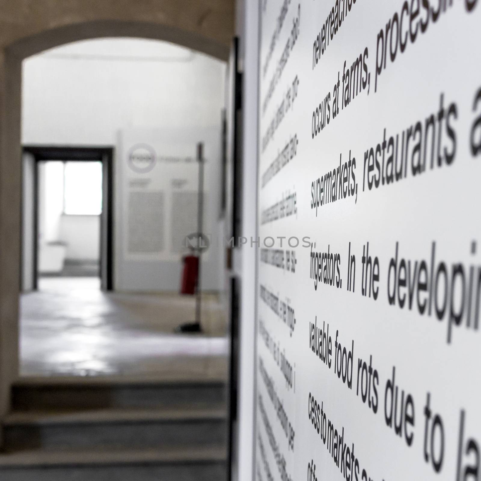 Art gallery generic background with selective focus on the information panel.