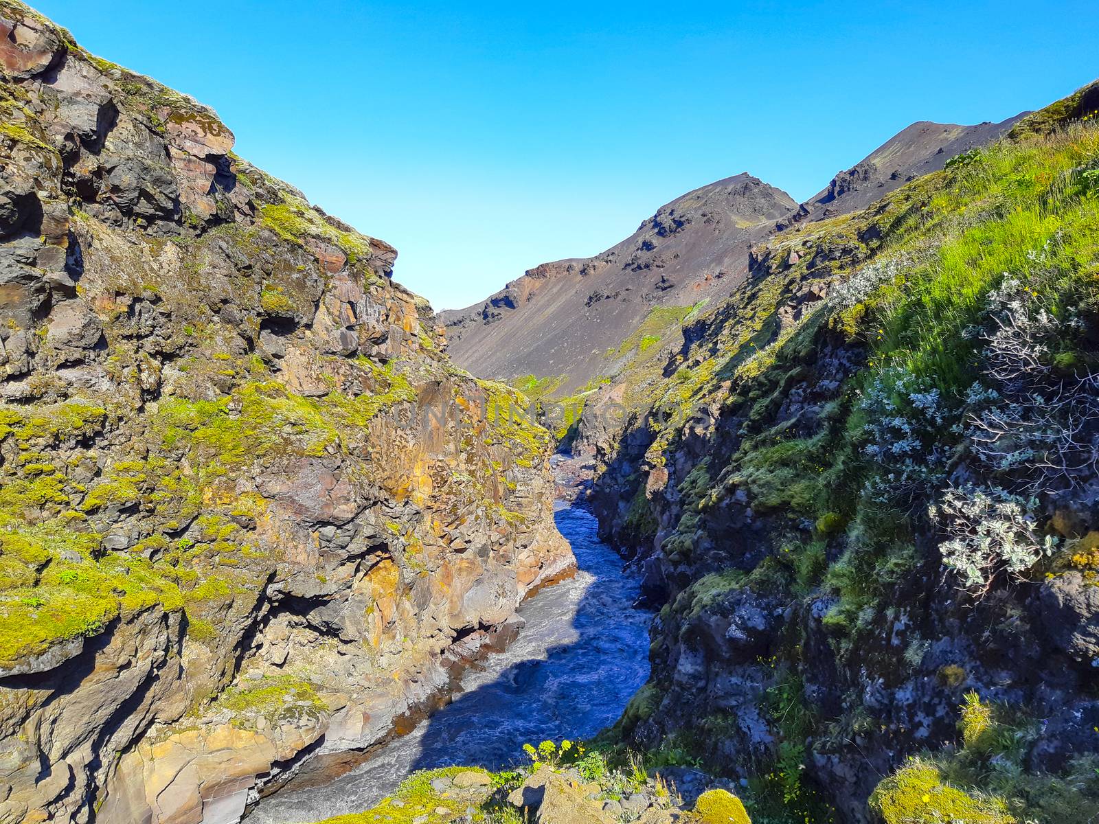 Dramatic Iceland landscape with Markarfljot canyon and river in the vincinity of Emstrur Botnar. Travel and tourism.