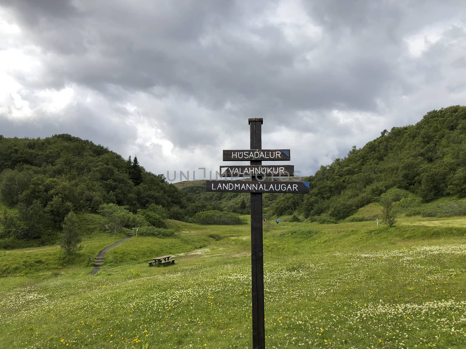 Directional sign pole on Laugavegur hiking trail, pointing to husadalur, landmannalaugar, valahnukur by kb79