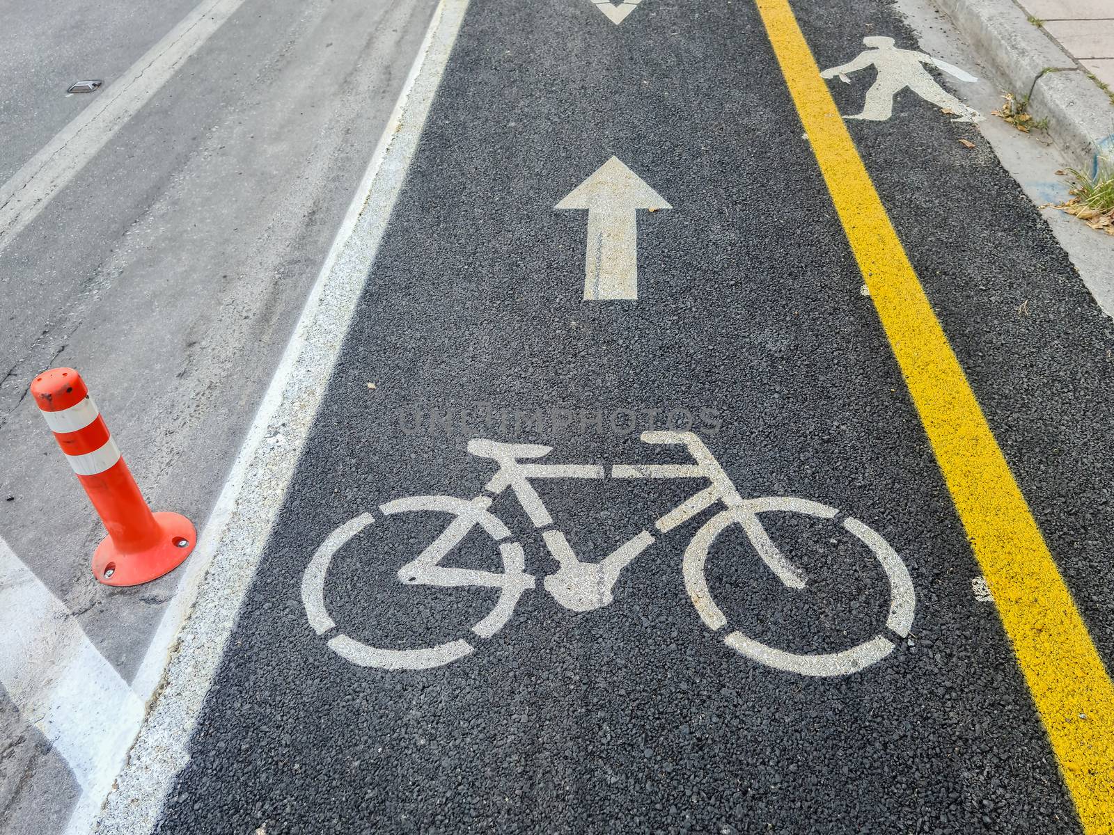Traffic only allowed to bicycles at marked bike path along the cycling infrastructure in Thessaloniki, Greece.