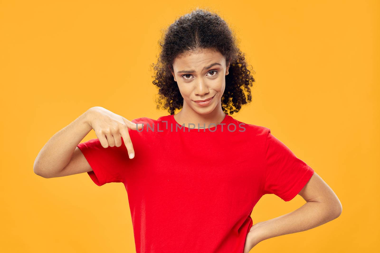 emotional woman gesturing with hand crush t-shirt emotions displeasure isolated background