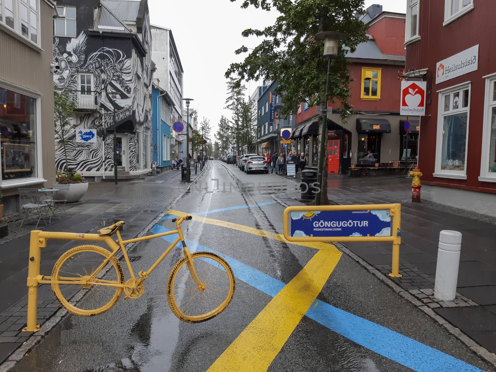 Reykjavik, Iceland, July 2019: pedestrian zone in Reykjavik, Iceland, on a rainy day