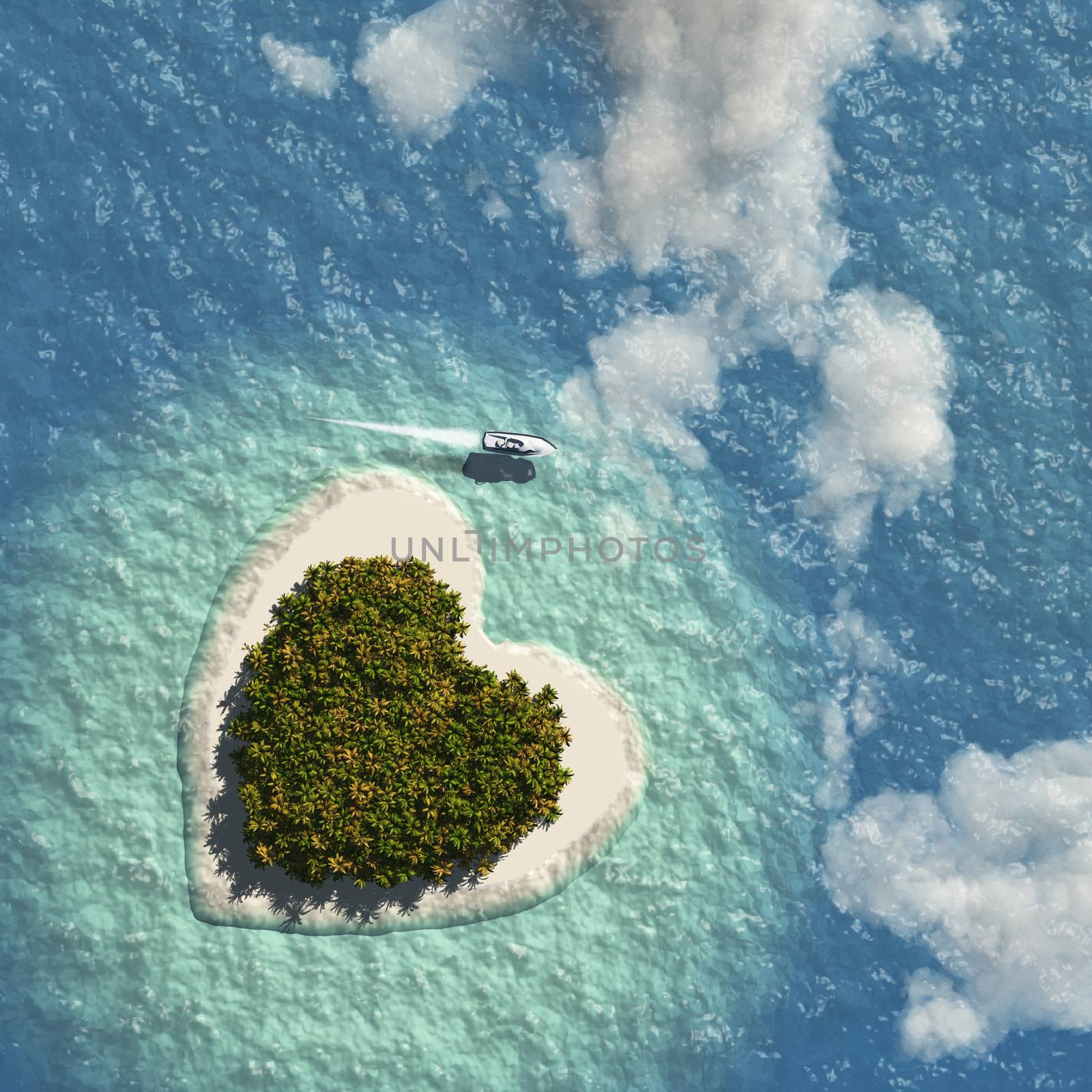 Heart shaped tropical island. 3D rendering